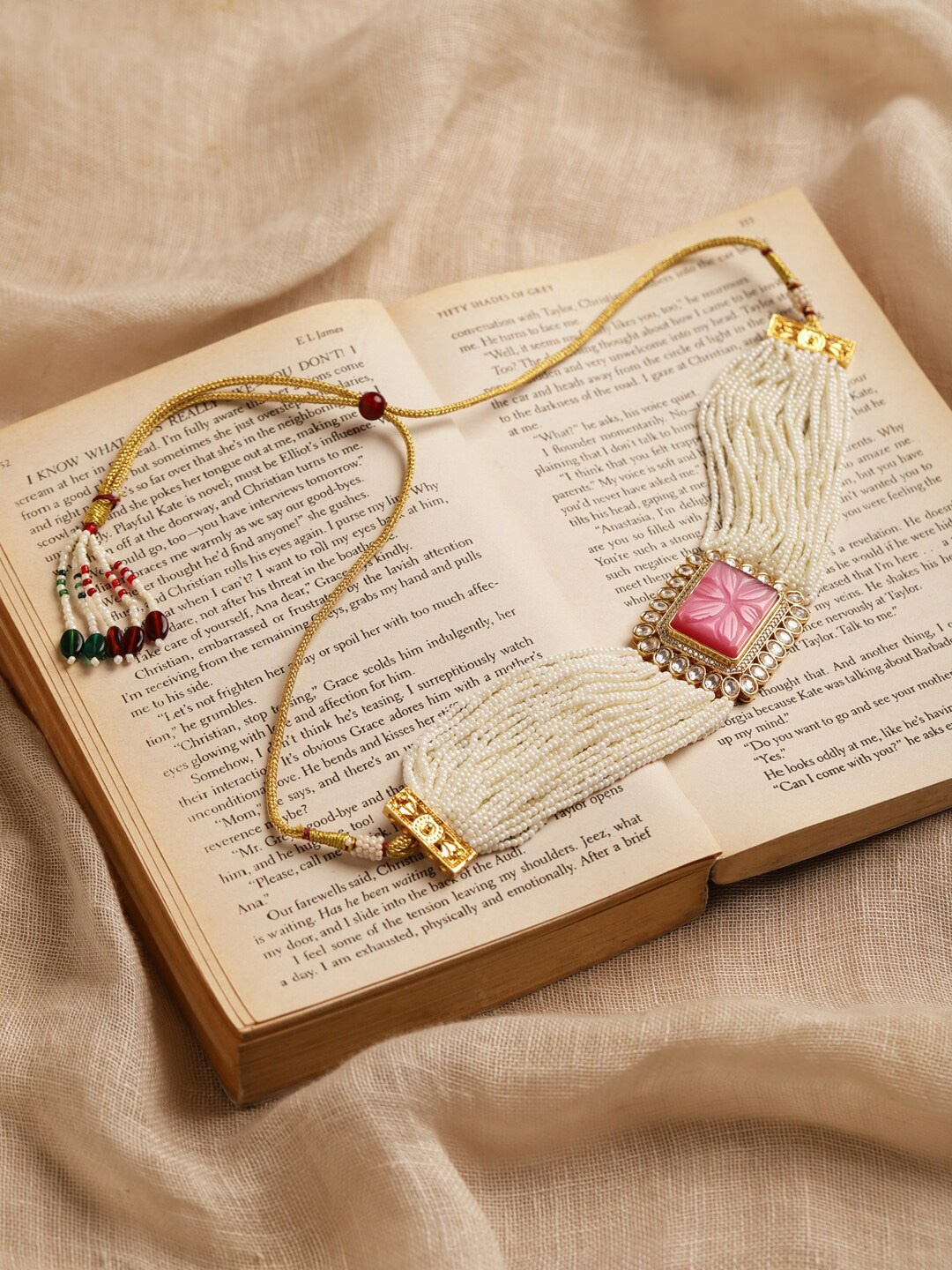

Ruby Raang Gold-Plated White & Pink Kundan Studded & Beaded Brass Choker Necklace