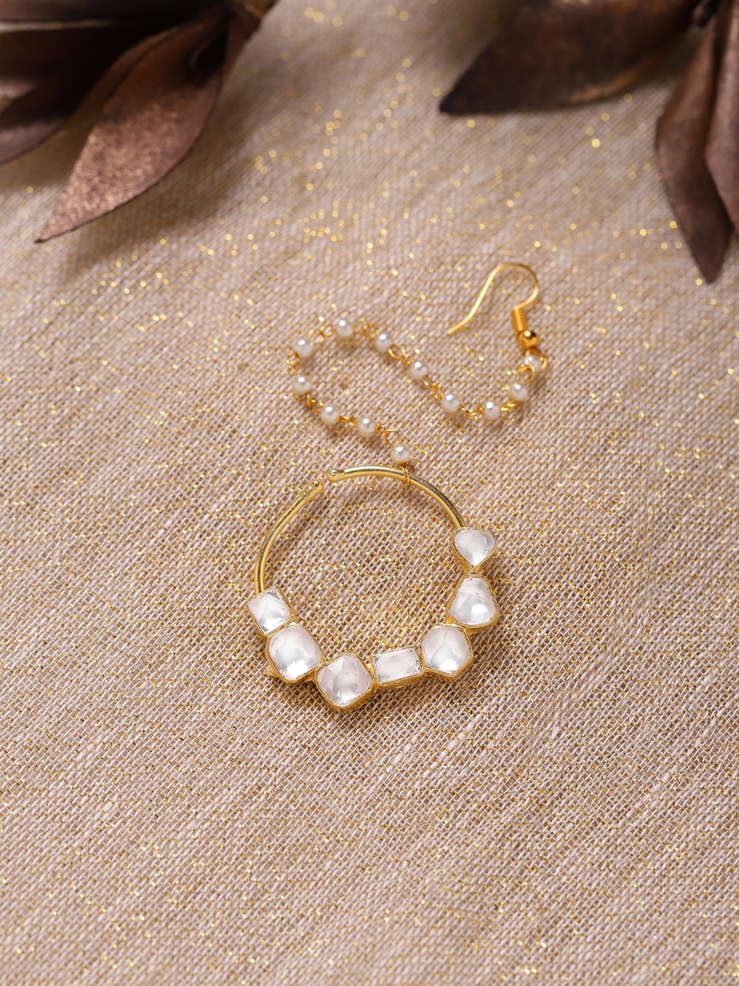 

Ruby Raang Gold-Plated White Kundan-Studded Nose Ring With Chain
