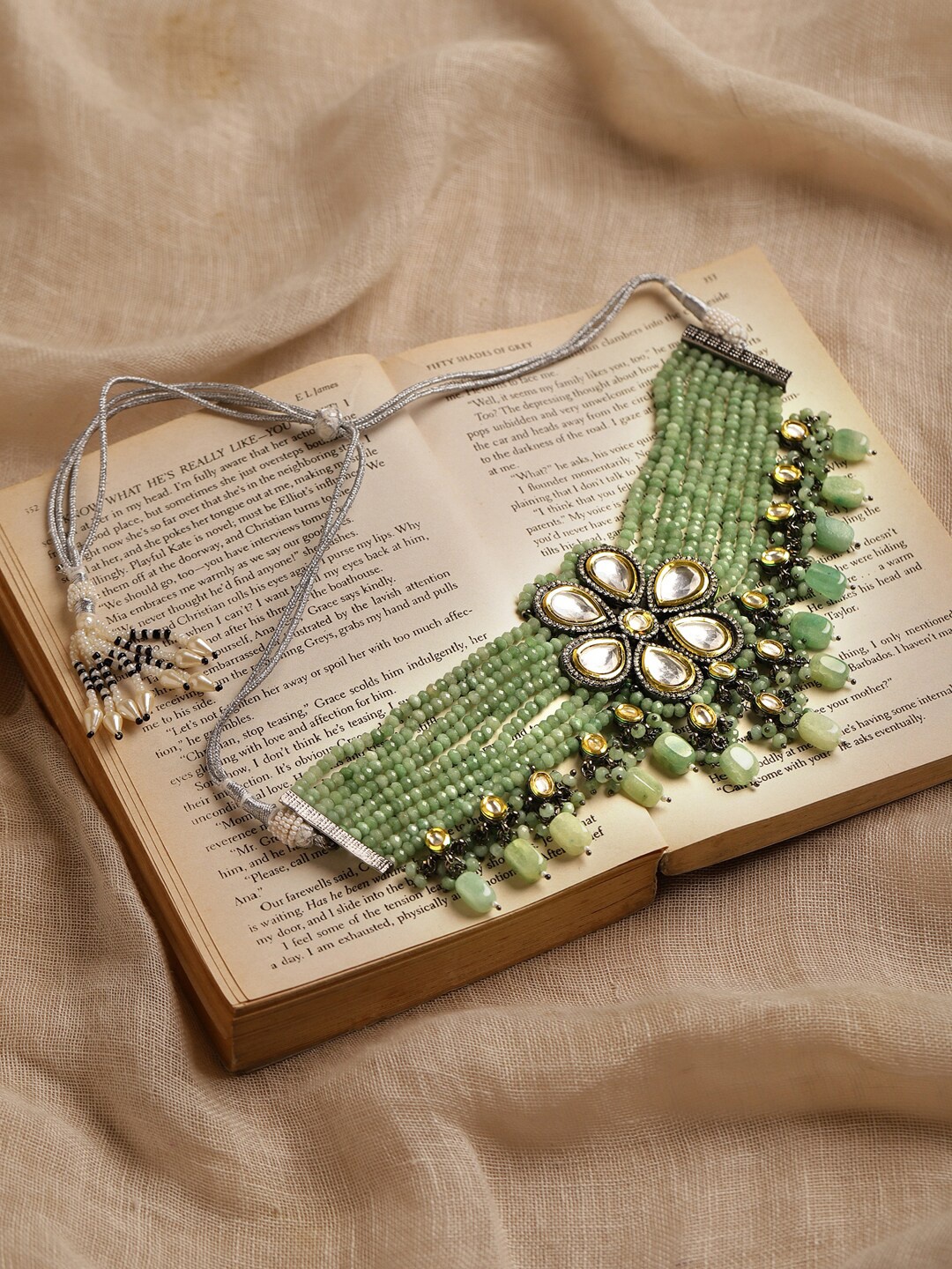 

Ruby Raang Silver-Plated & Green Kundan Brass Necklace
