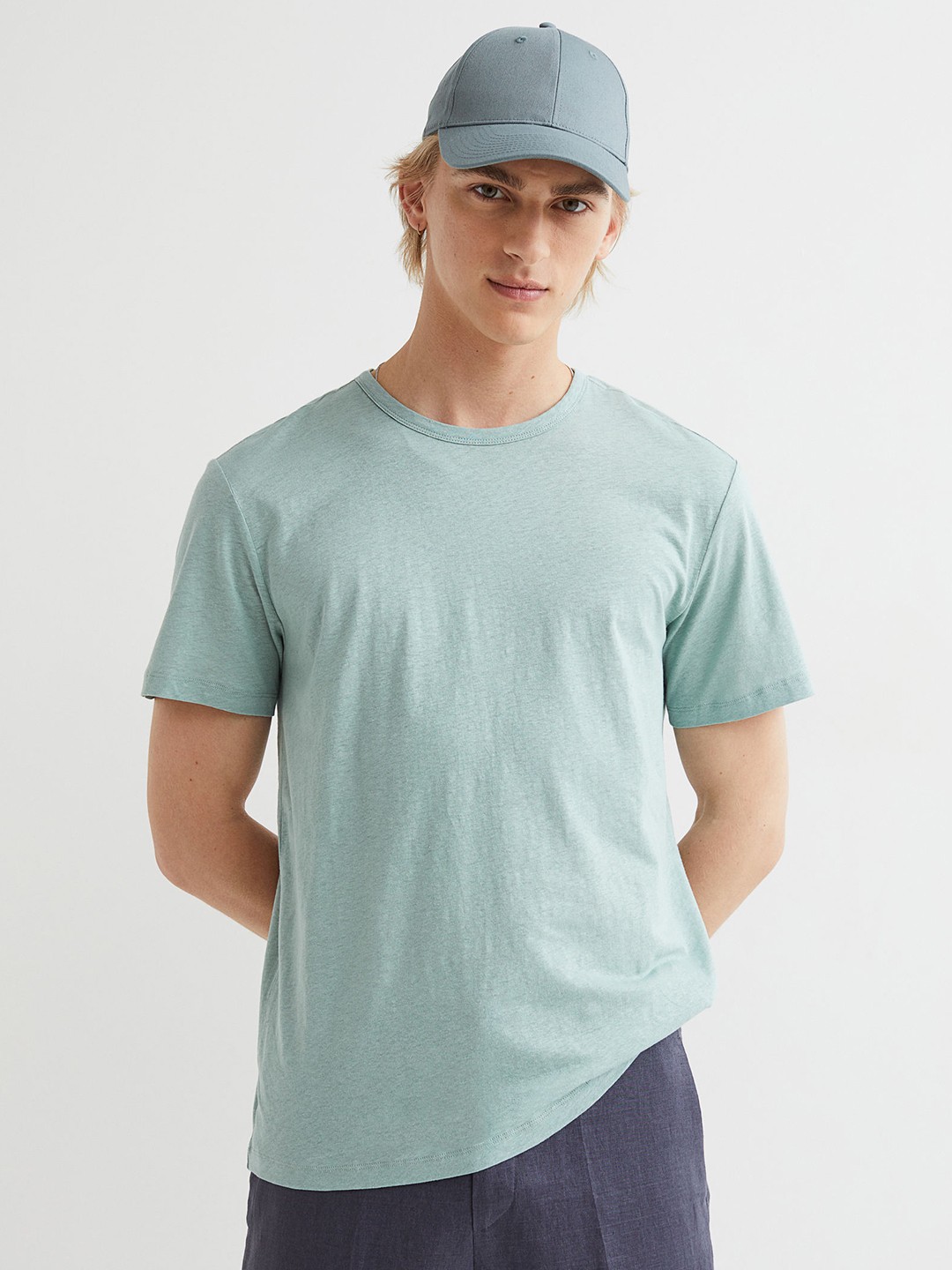 

H&M Men Turquoise Blue Regular Fit Linen-blend T-shirt