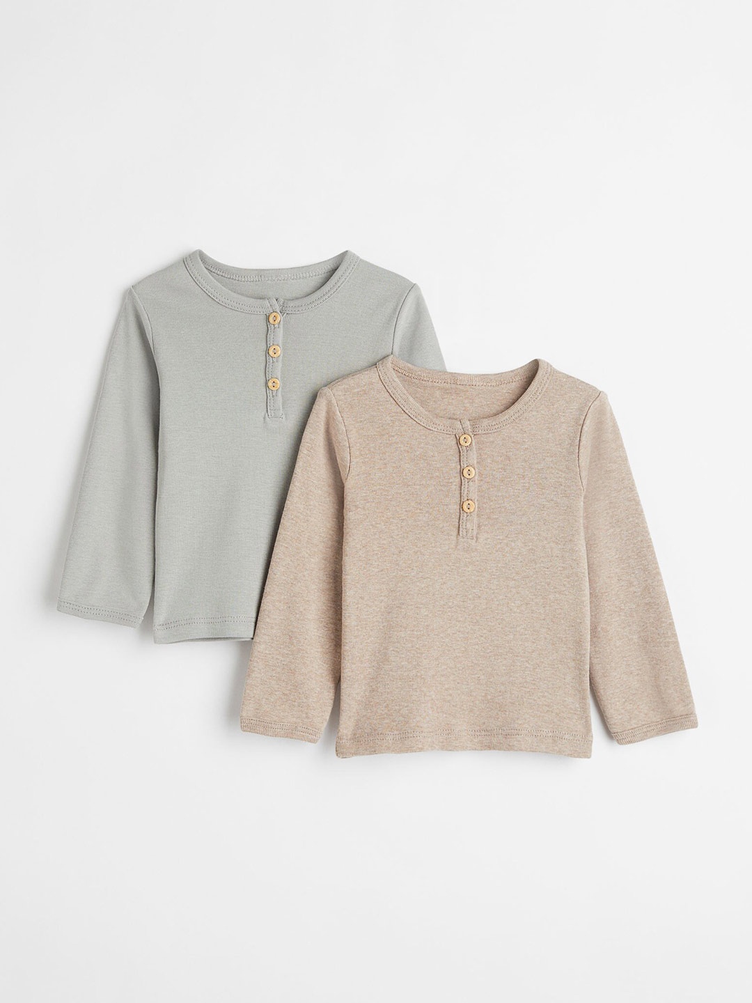

H&M Girls Pack Of 2 Grey & Beige Solid Pure Cotton Henley Tops