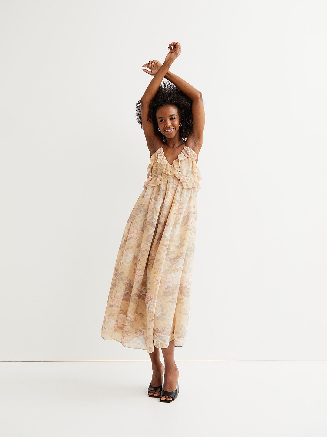 

H&M Women Beige Flounce-Trimmed Crepe Dress