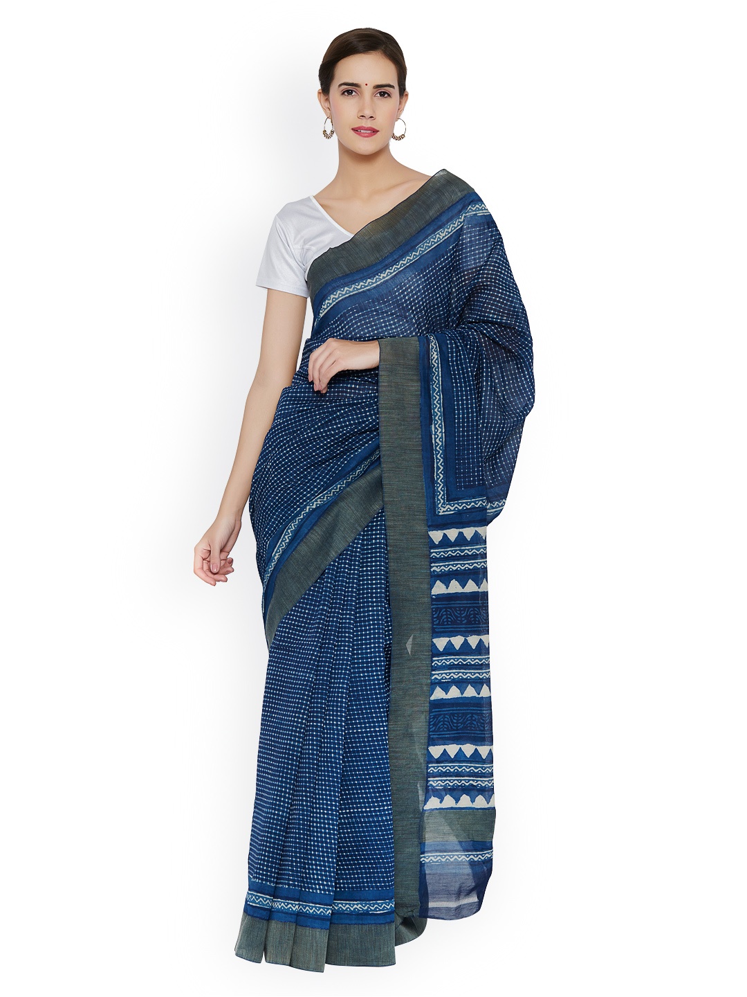 

Desi Weavess Blue Chanderi Block Dabu Block Print Saree
