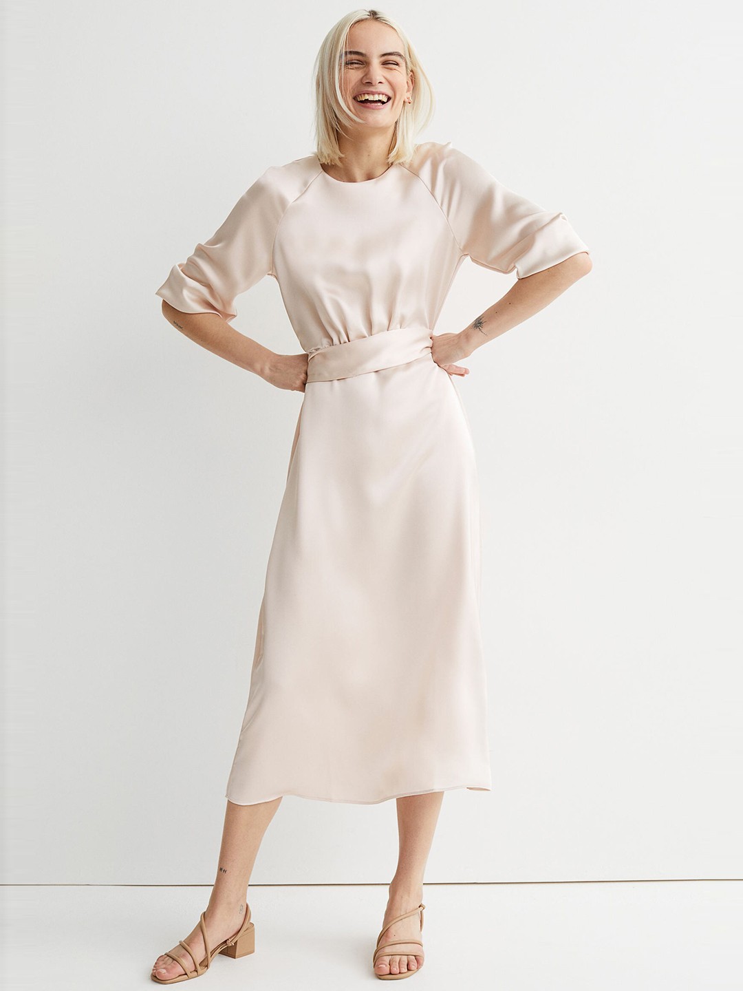 

H&M Women Beige Tie-Belt Satin Dress