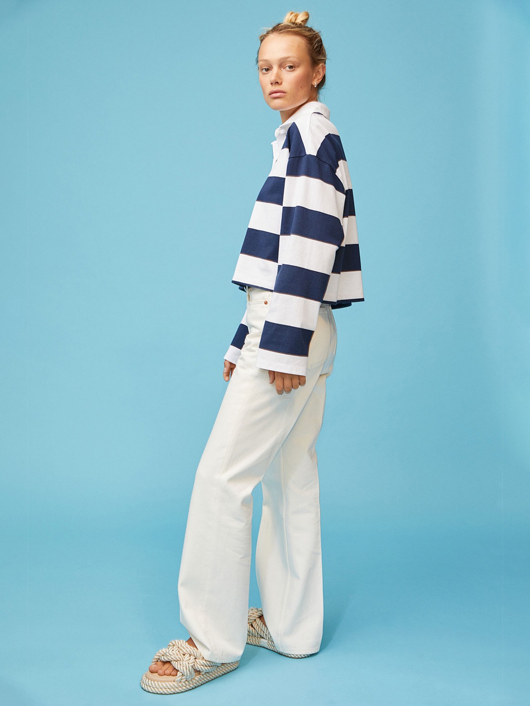 

H&M Women Blue & White Colourblocked Pure Cotton Cropped Rugby Shirt