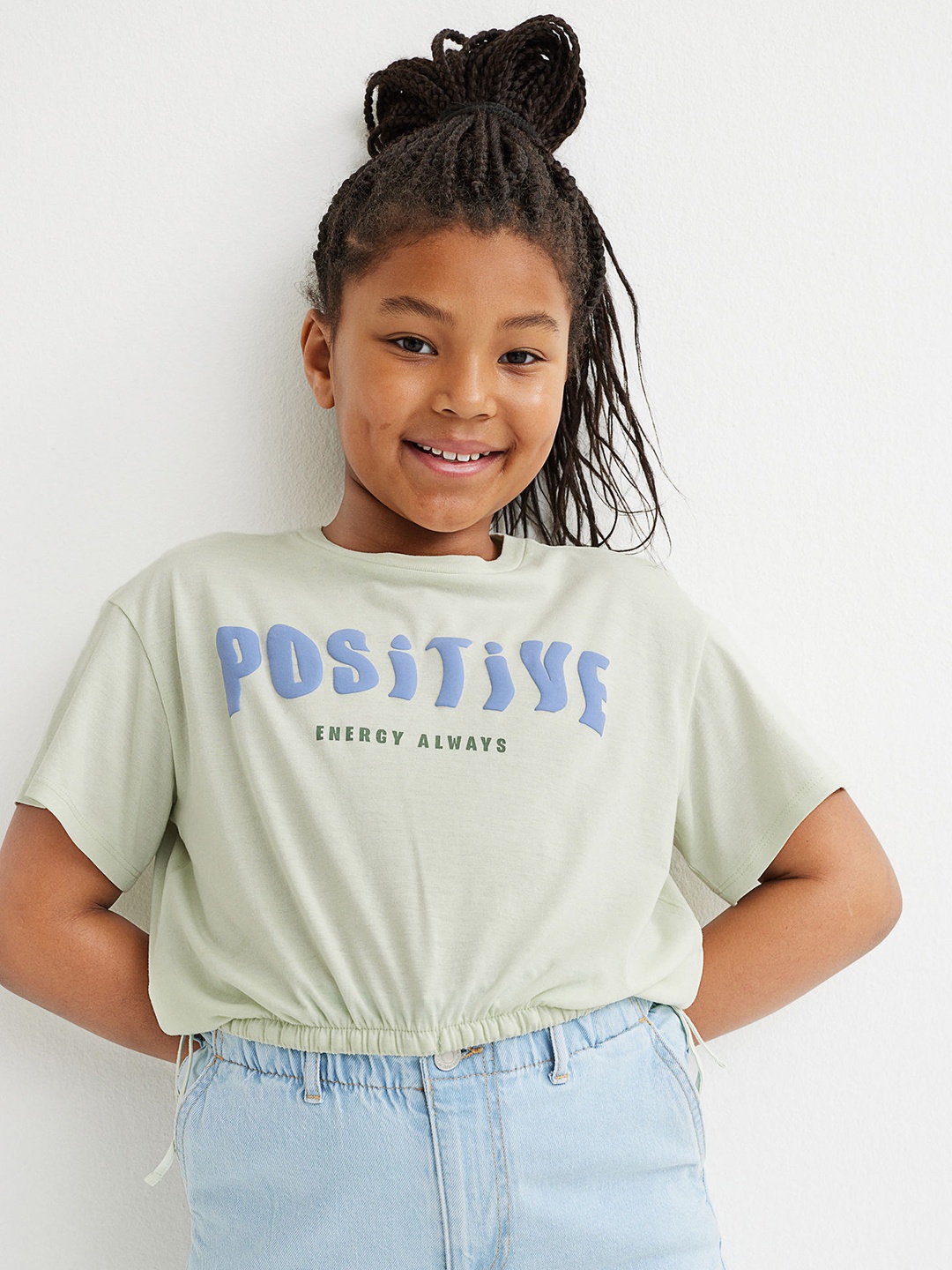 

H&M Girls Green Printed Pure Cotton Drawstring T-shirt