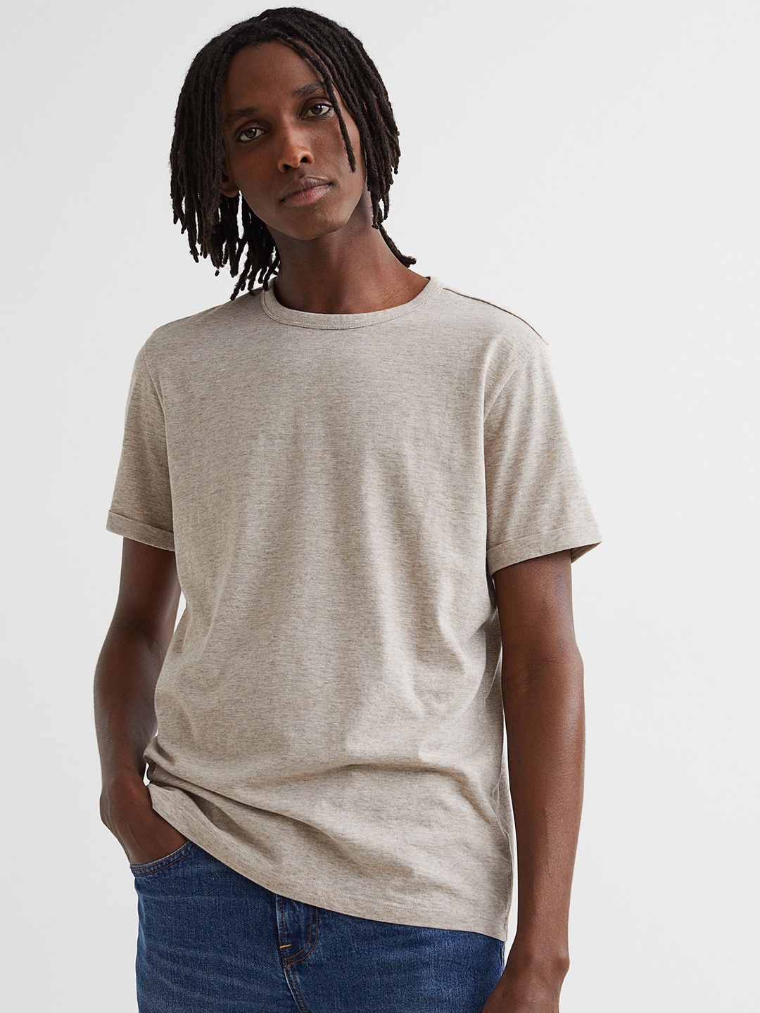 

H&M Men Beige Solid Regular Fit Cotton T-shirt