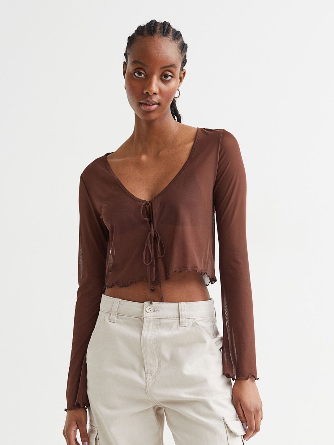 

H&M Brown Solid Mesh Cardigan