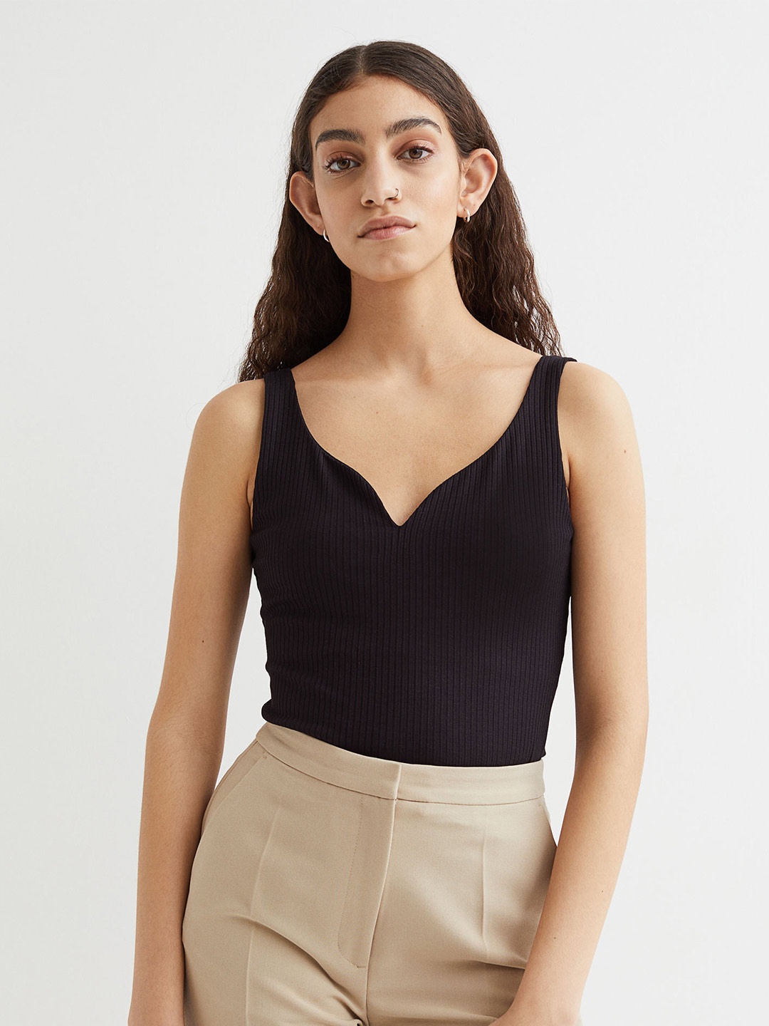 

H&M Black Ribbed Sweetheart Neck Top