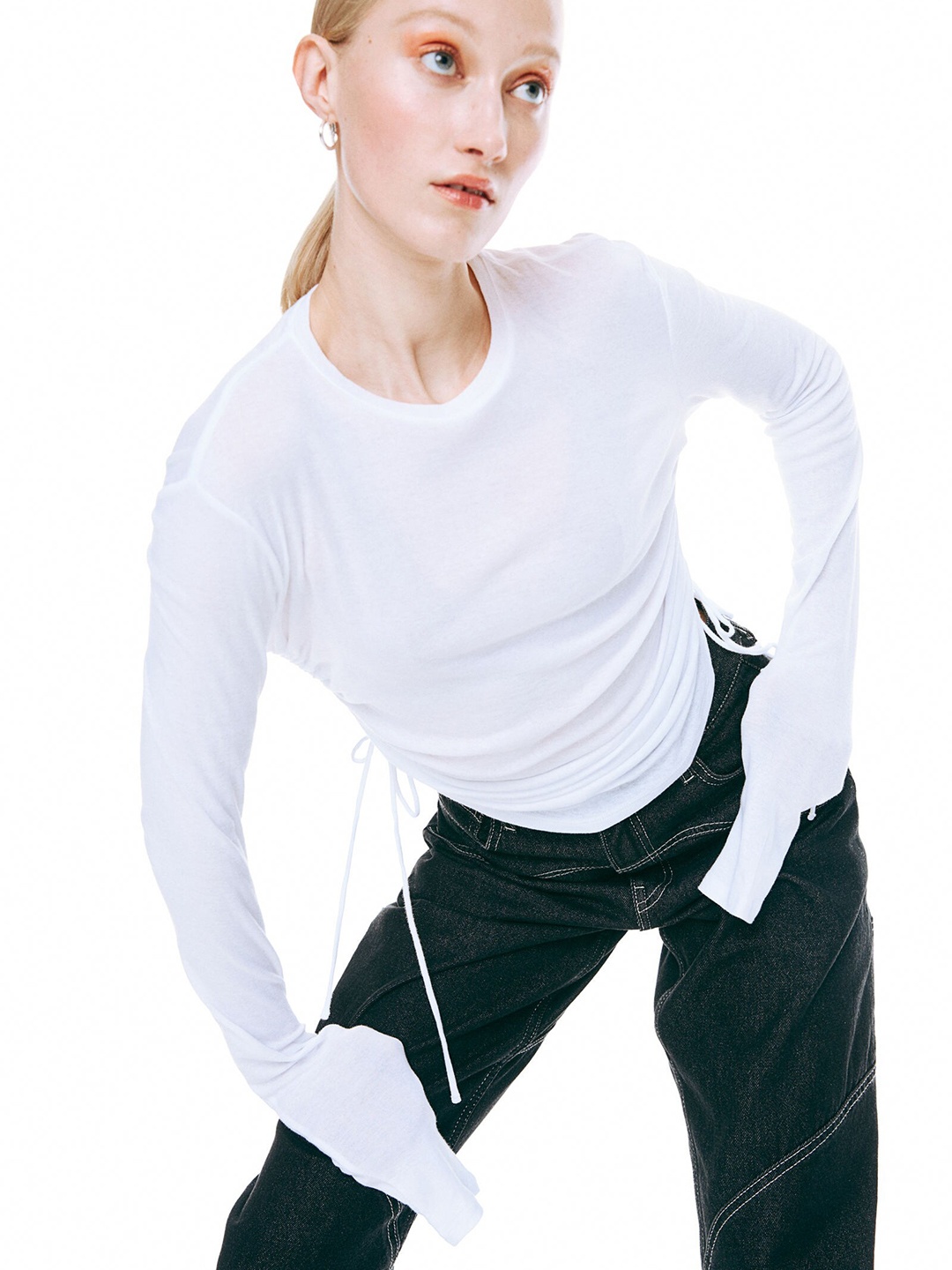 

H&M Women White Solid Pure Cotton Drawstring Top