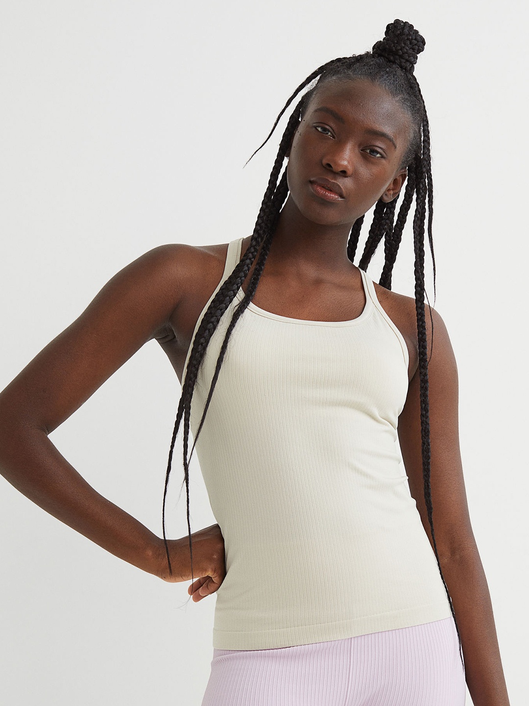 

H&M Beige Solid Seamless Top With Sports Bra
