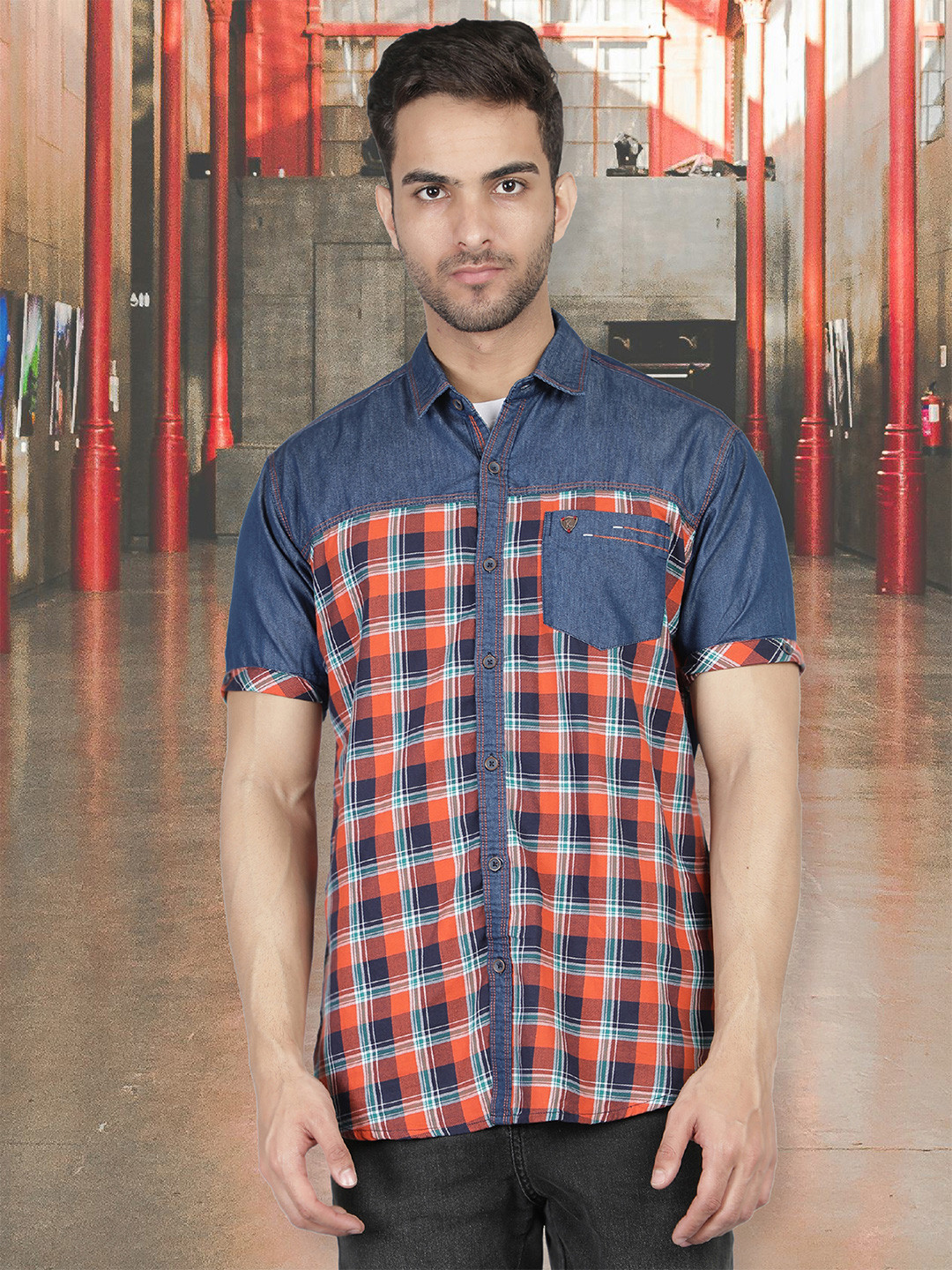 

Kuons Avenue Men Orange & Blue Smart Slim Fit Checked Cotton Denim Shirt