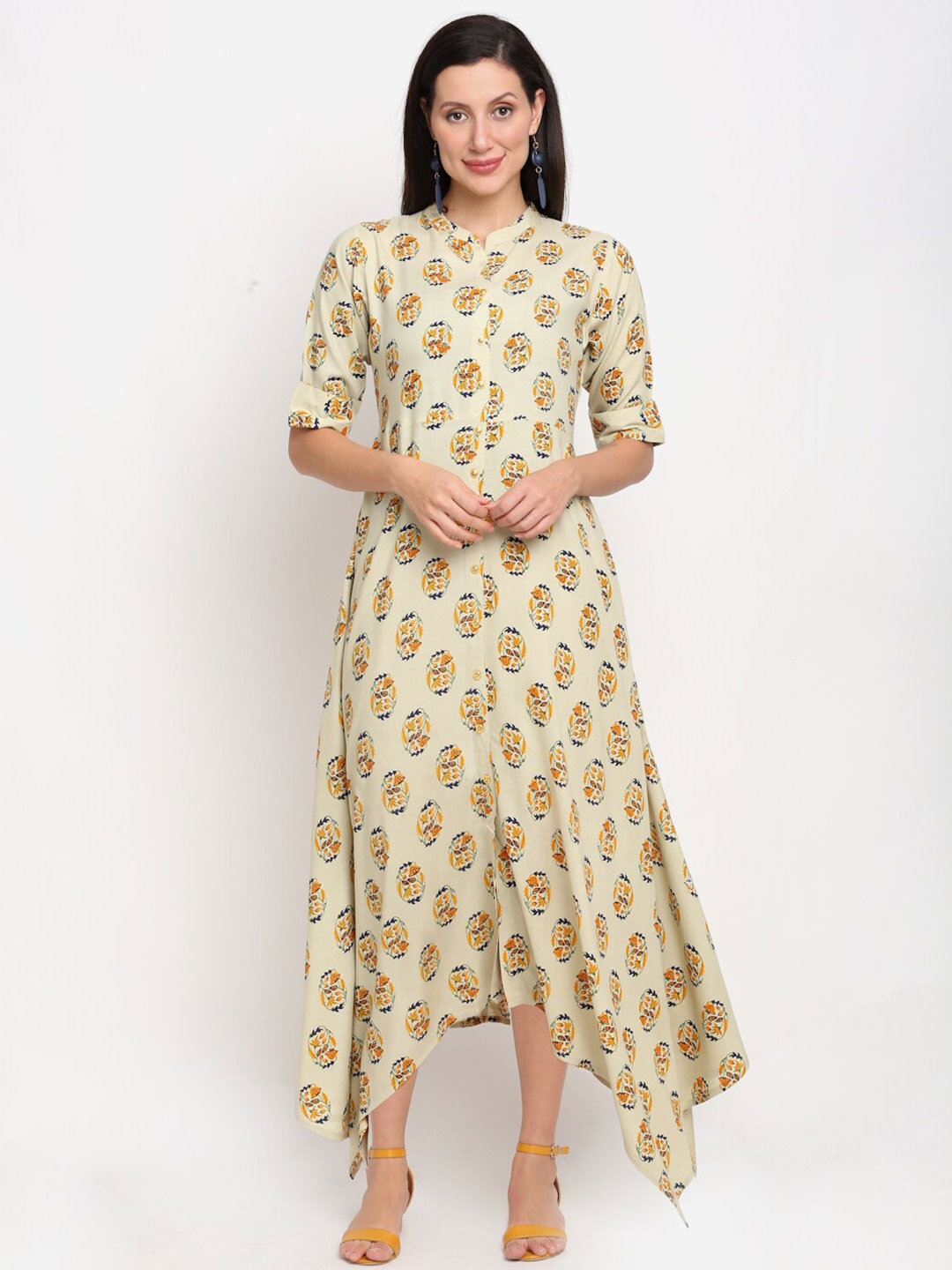 

Lovely Lady Women Cream-Coloured & Mustard Yellow Floral Mandarin Collar A-Line Dress