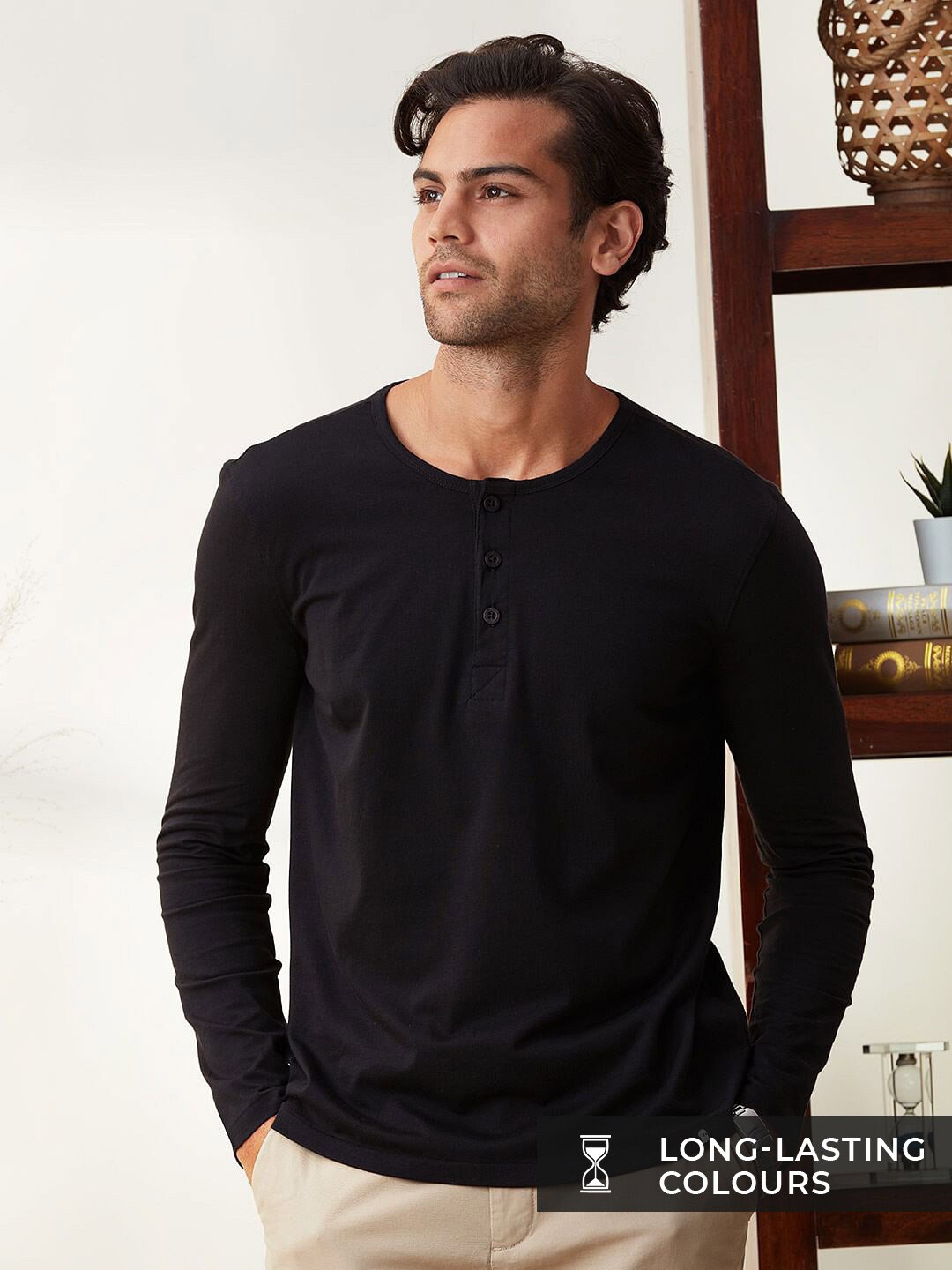 

The Souled Store Men Black Henley Neck Regular Fit Cotton T-shirt