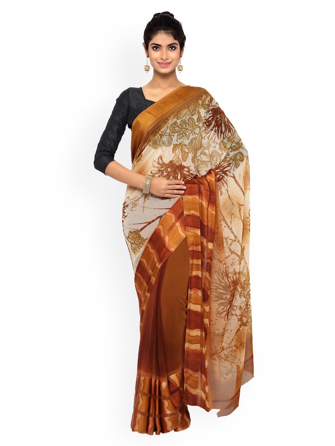 

Saree mall Beige & Brown Georgette & Satin Floral Print Saree