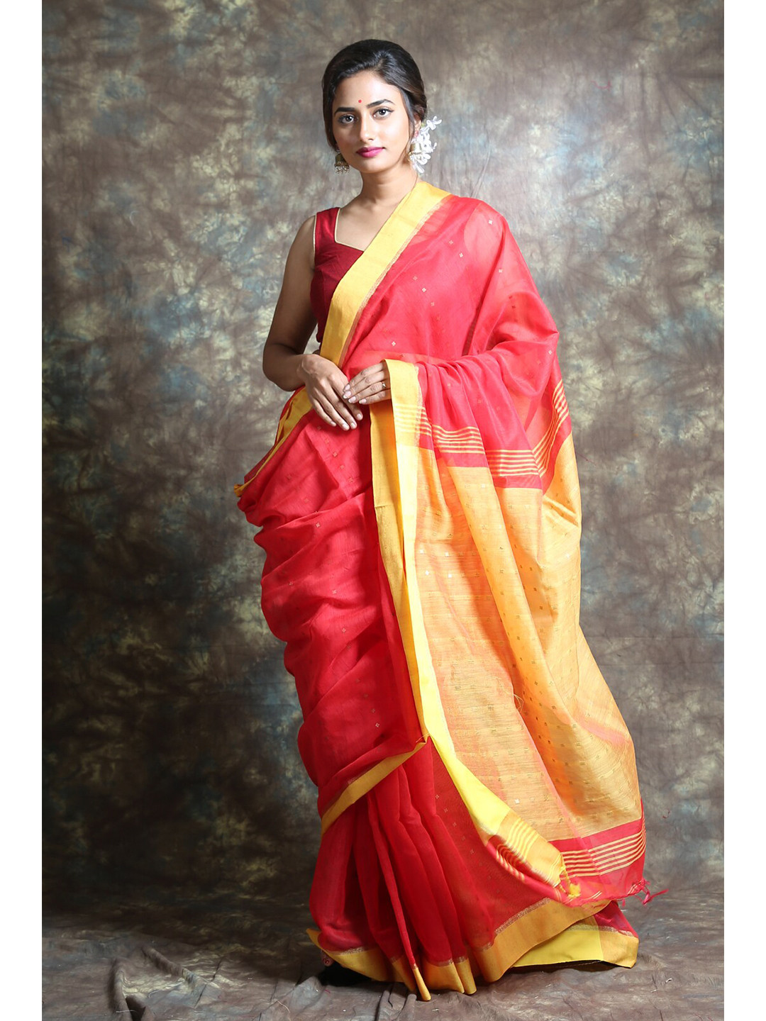 

Arhi Red & Yellow Woven Design Saree