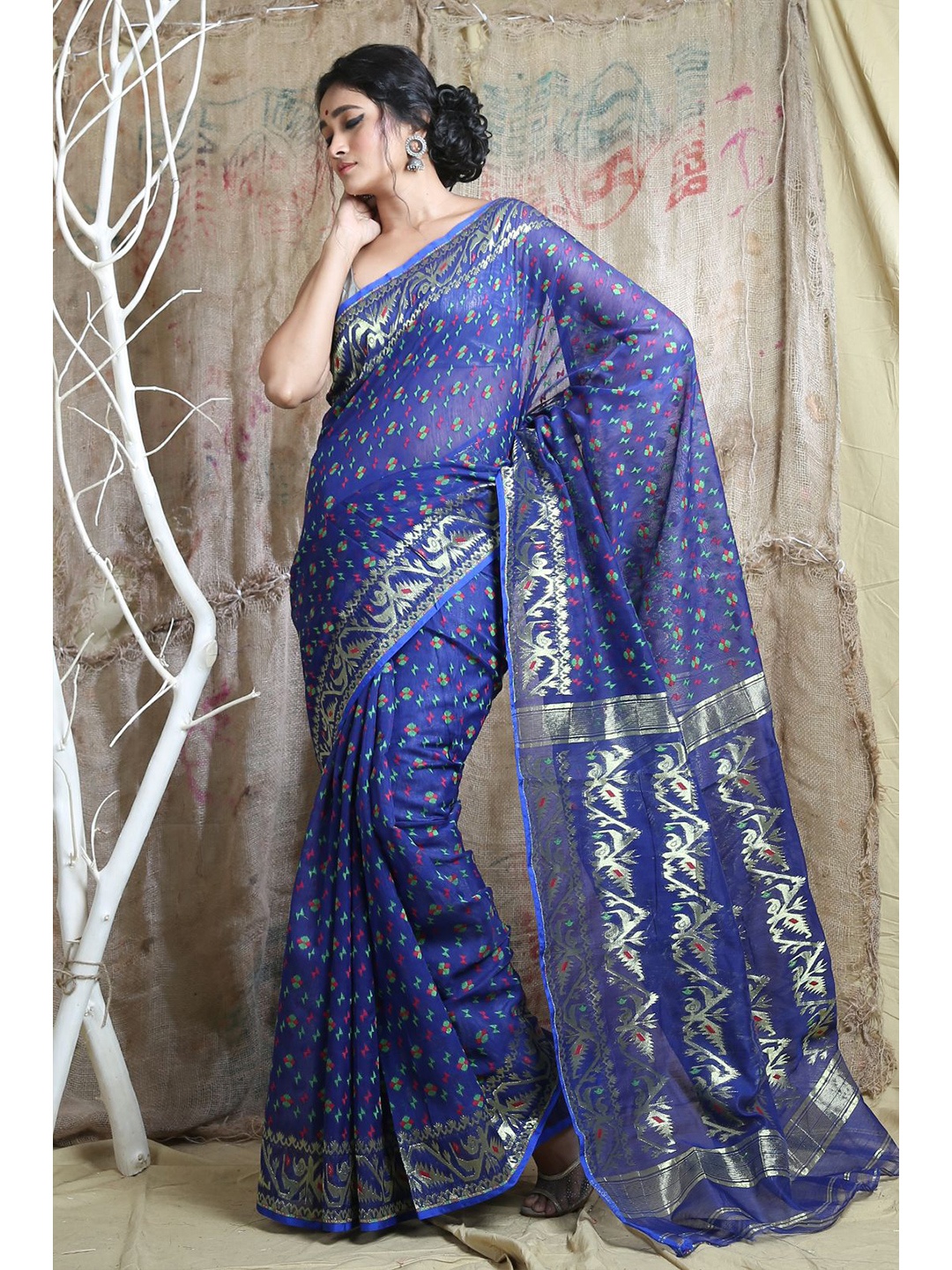 

Arhi Blue & Golden Floral Zari Silk Cotton Saree