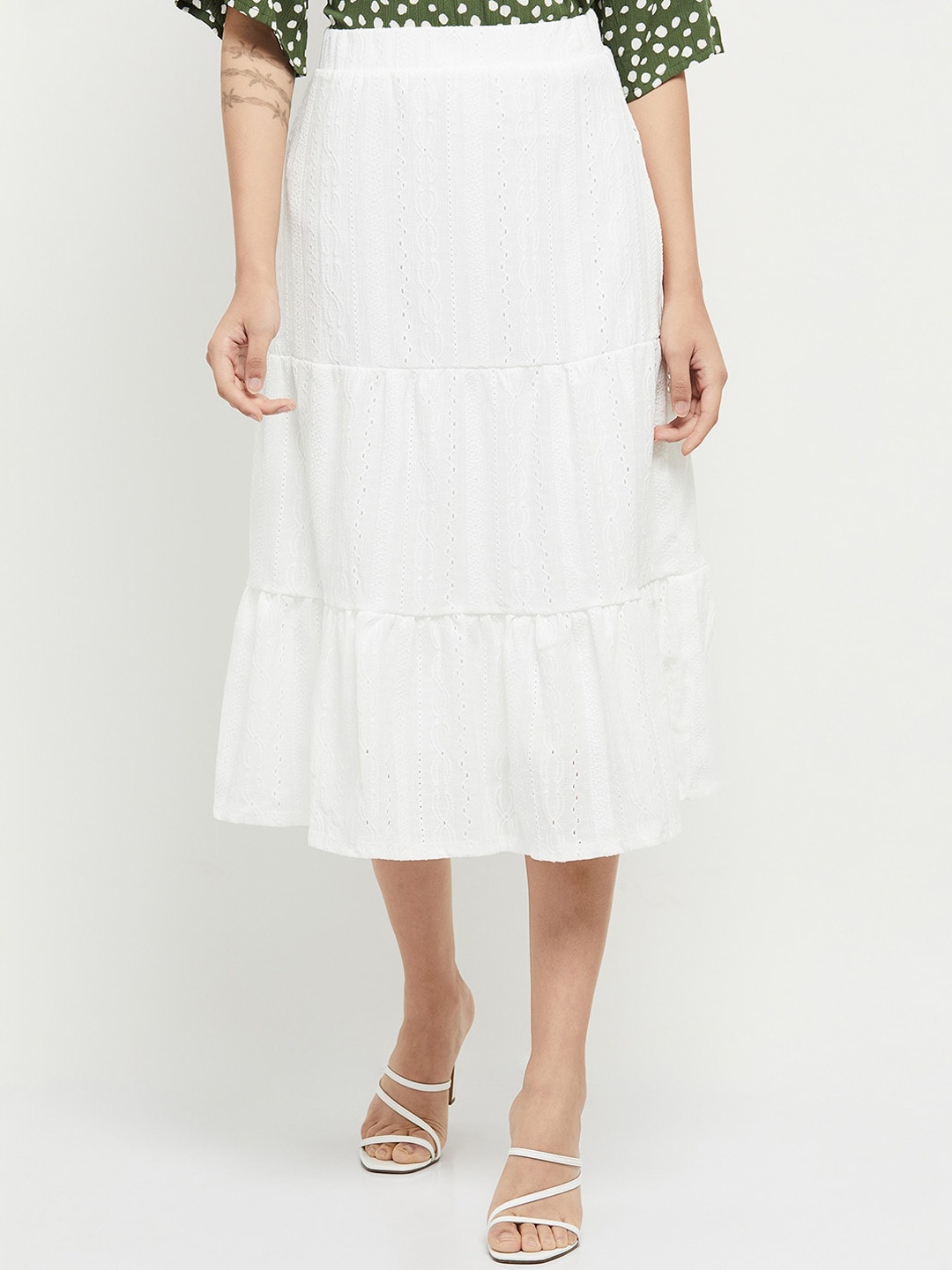 

max Women White Schiffli Embroidered Tiered Midi Flared Skirt