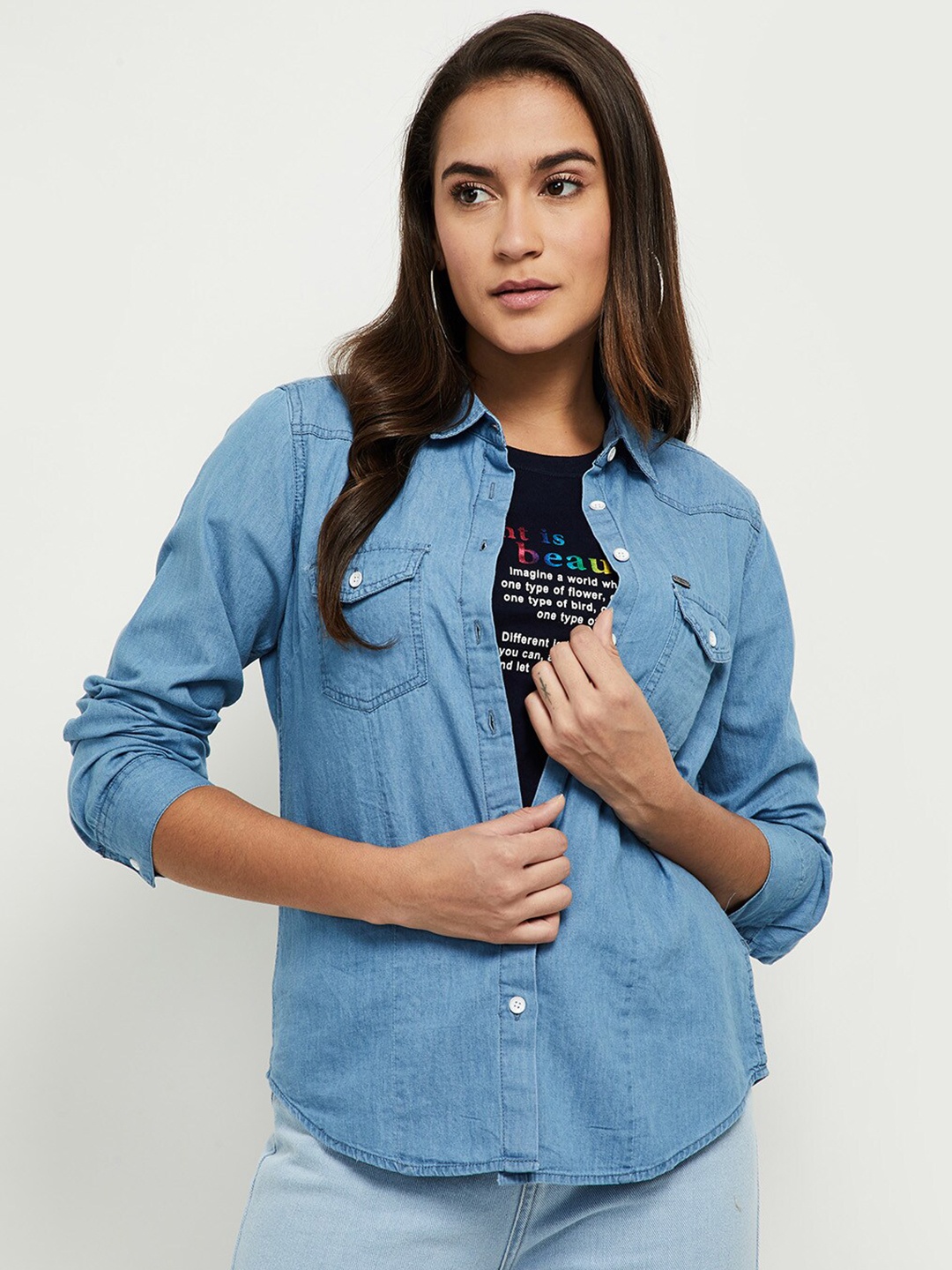 

max Women Blue Pure Cotton Casual Shirt