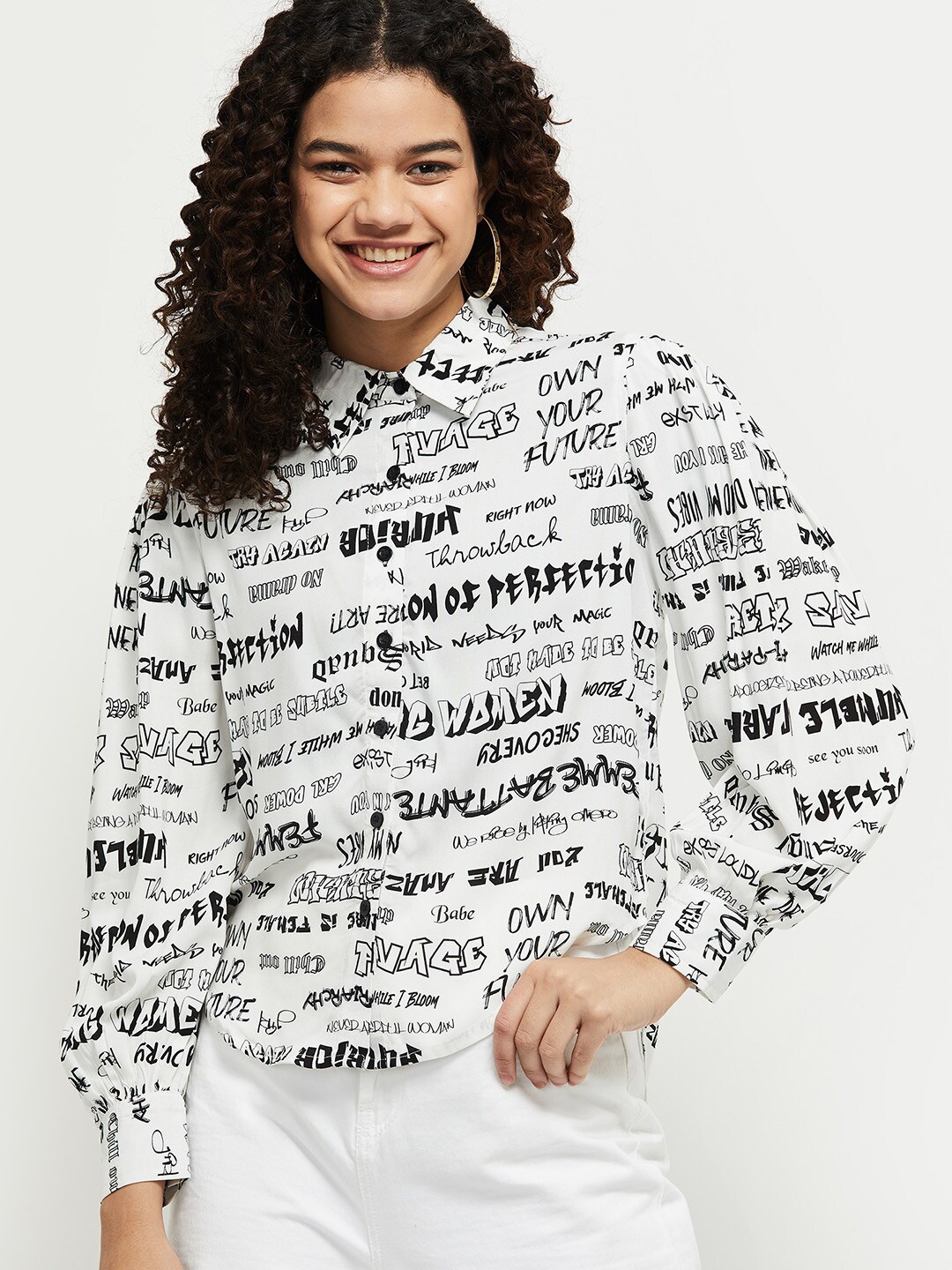

max Women White Typography Printed Casual Shirt