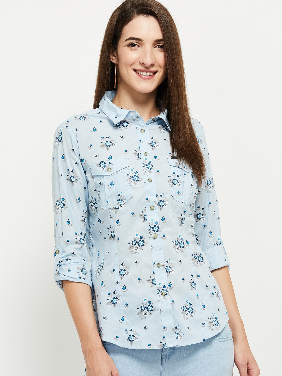 

max Women Blue Floral Printed Regular Fit Pure Cotton Casual Shirt
