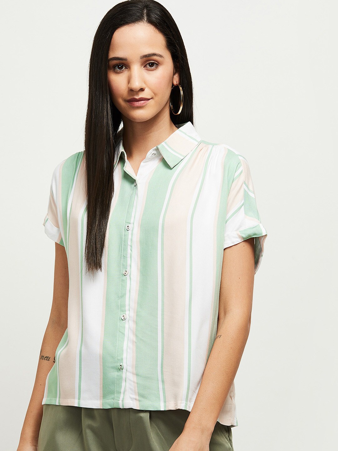 

max Women White Striped Casual Shirt