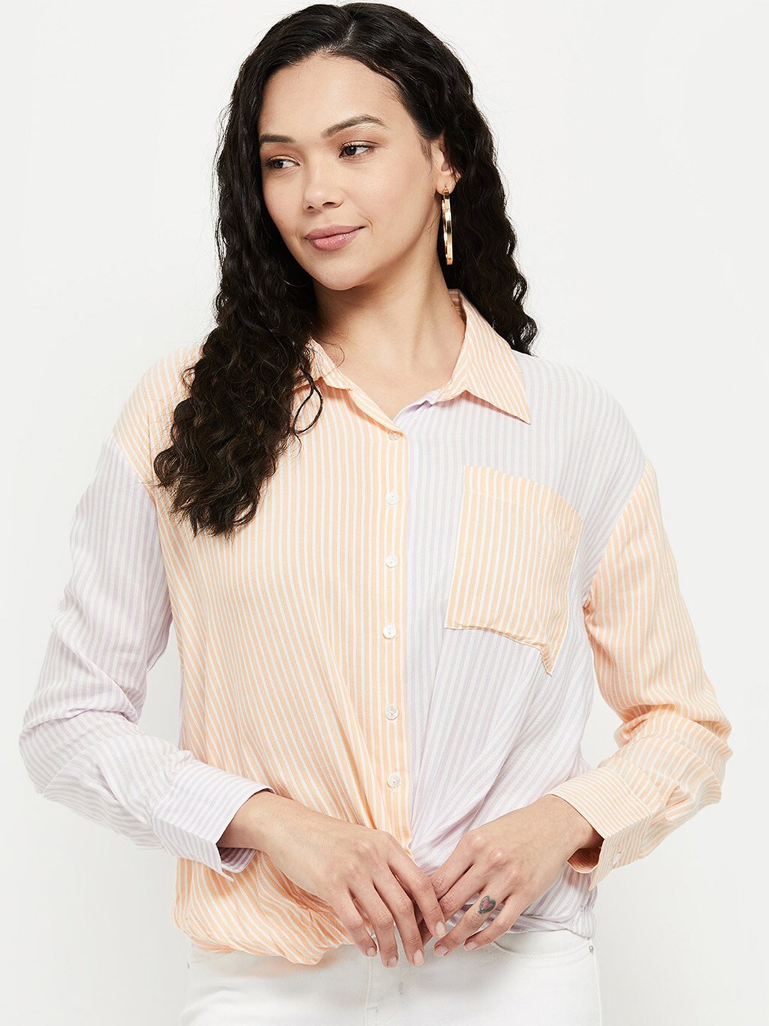 

max Women White Pinstripes Striped Casual Shirt