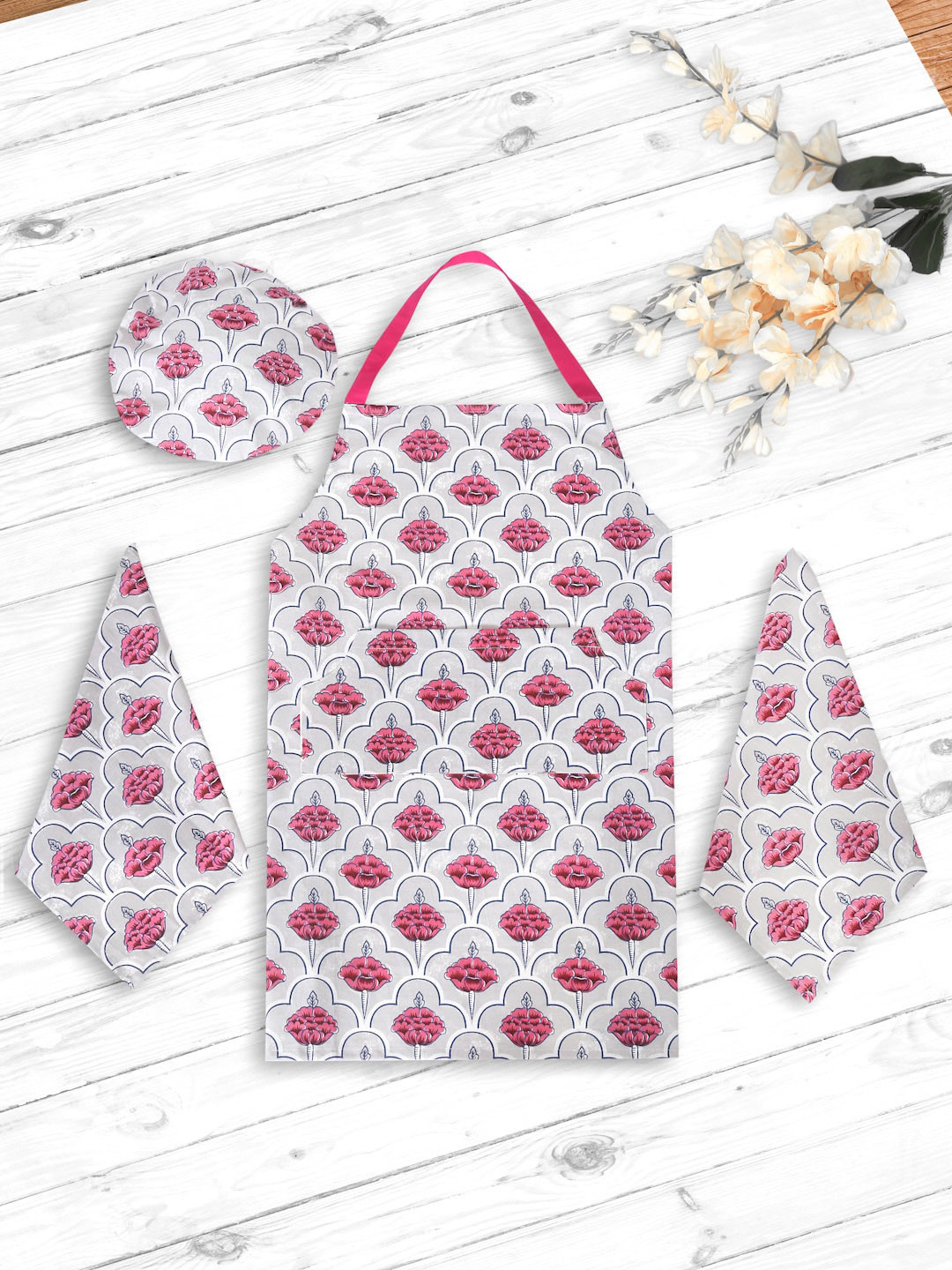 

Rajasthan Decor Set Of 4 Grey & Pink Printed Cotton Apron Set