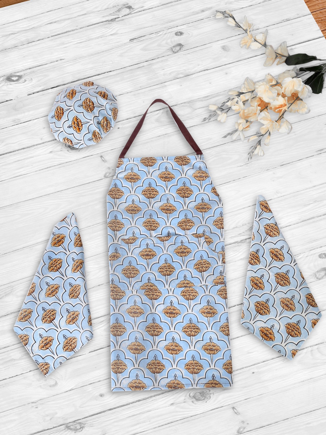 

Rajasthan Decor Set Of 4 Blue & Brown Printed Cotton Apron Set