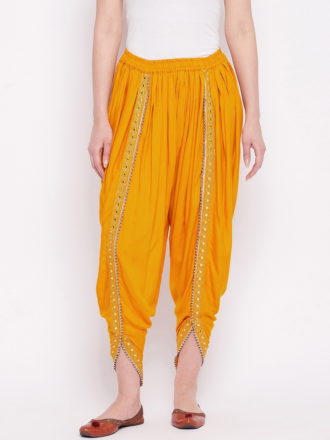

TULIP 21 Women Mustard Yellow Solid Mirror Work Dhoti Pants