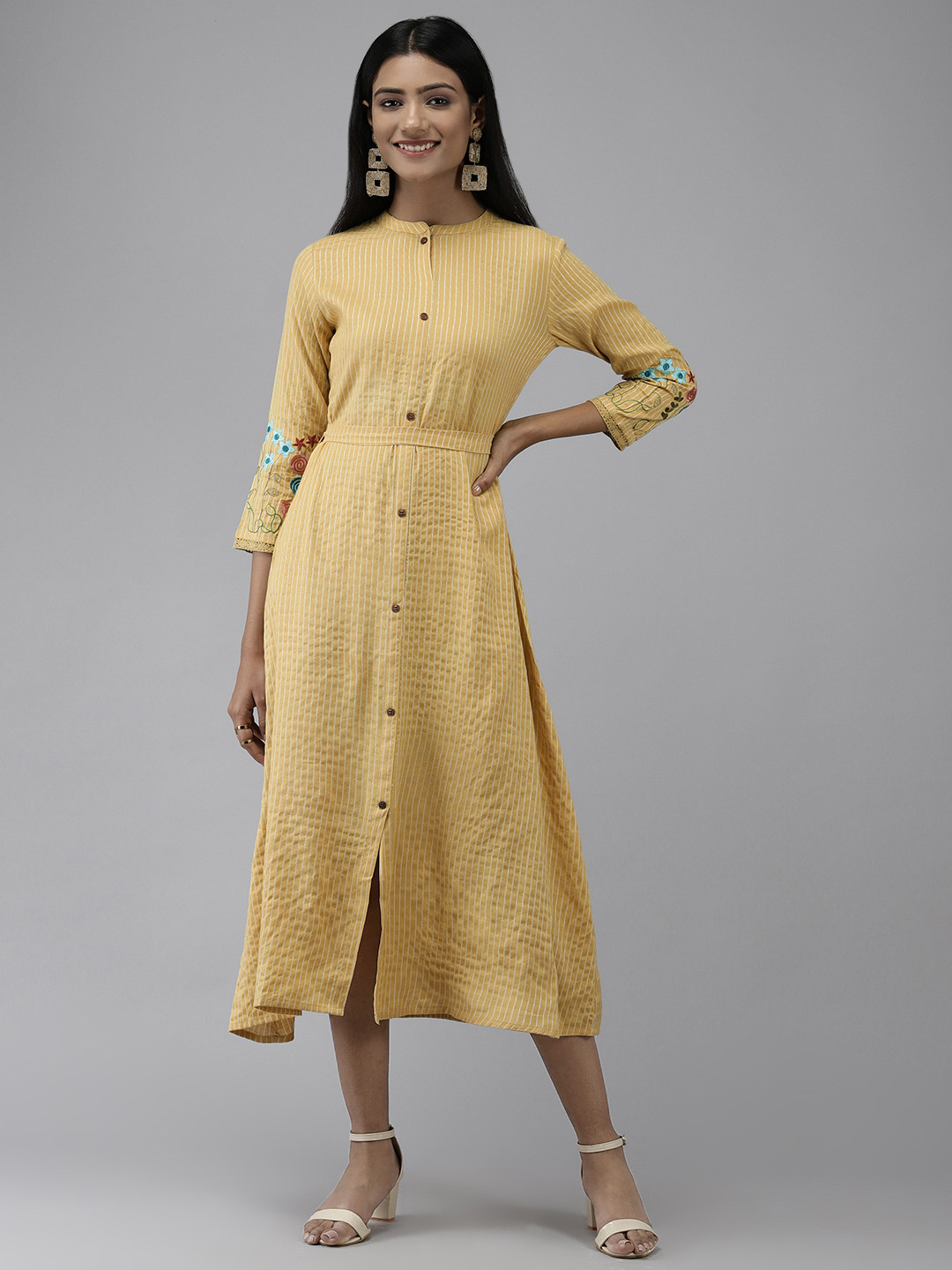 

Yufta Mustard Yellow Striped A-Line Midi Dress with Belt