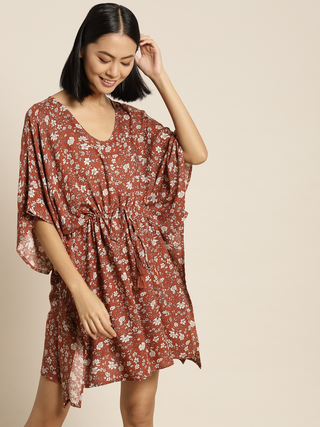 

ADORENITE Brown Floral Print Kaftan Nightdress