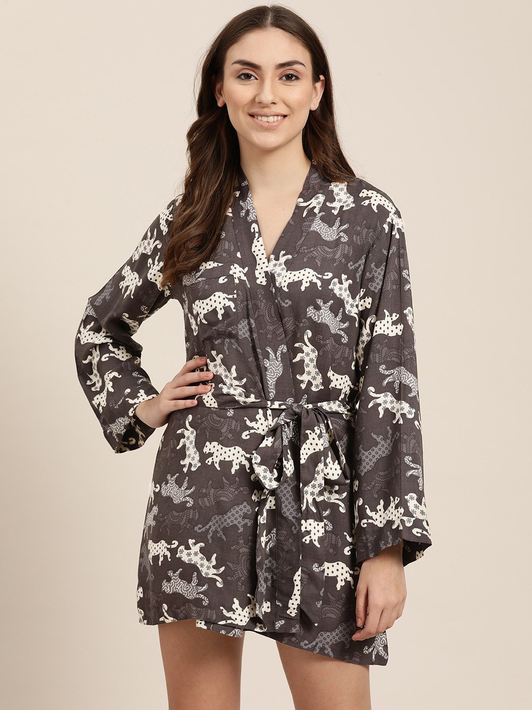 

ADORENITE Women White & Charcoal Conversational Print Robe