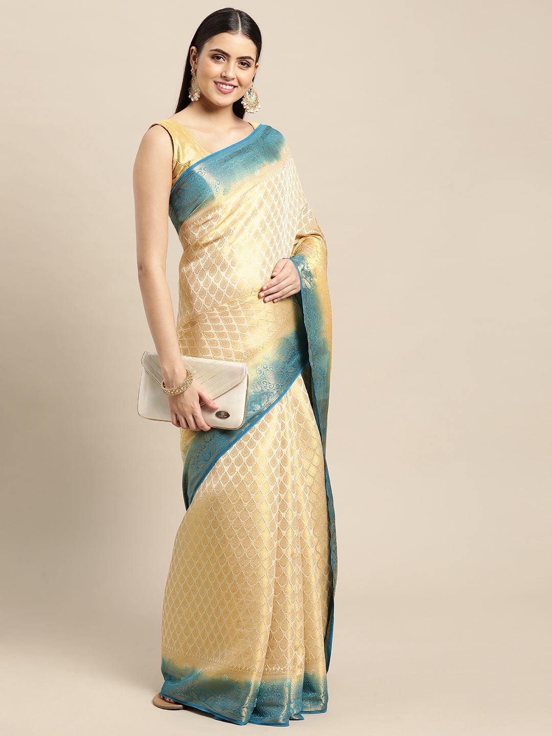 

Pothys Cream-Coloured & Blue Ethnic Motifs Art Silk Saree