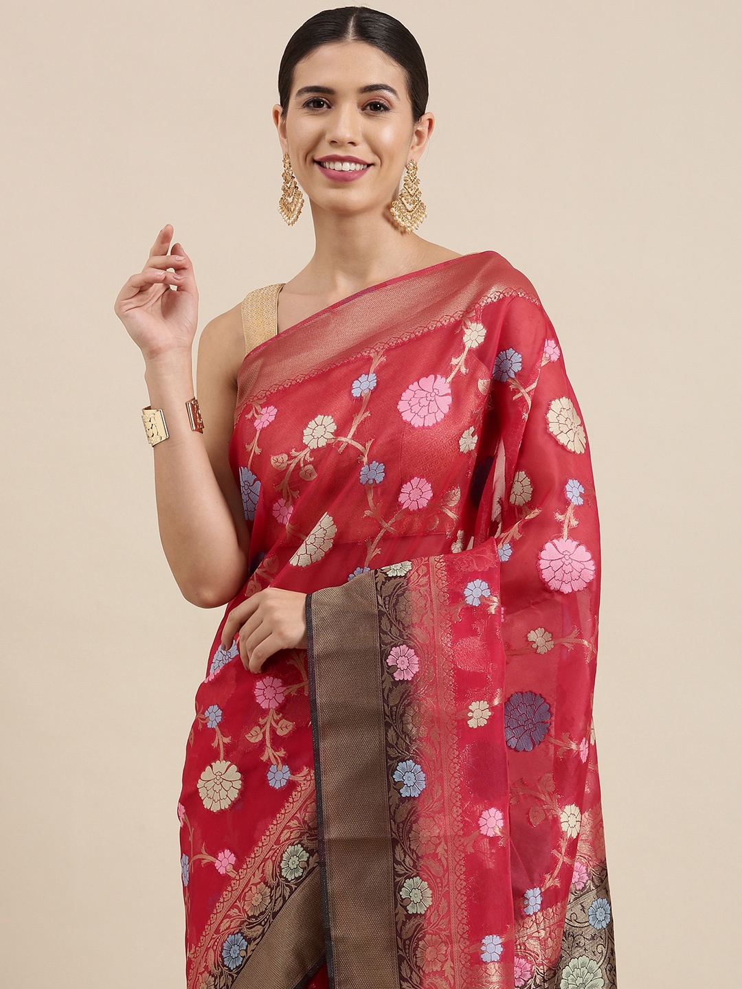 

PERFECTBLUE Red & Pink Floral Jacquard Organza Saree