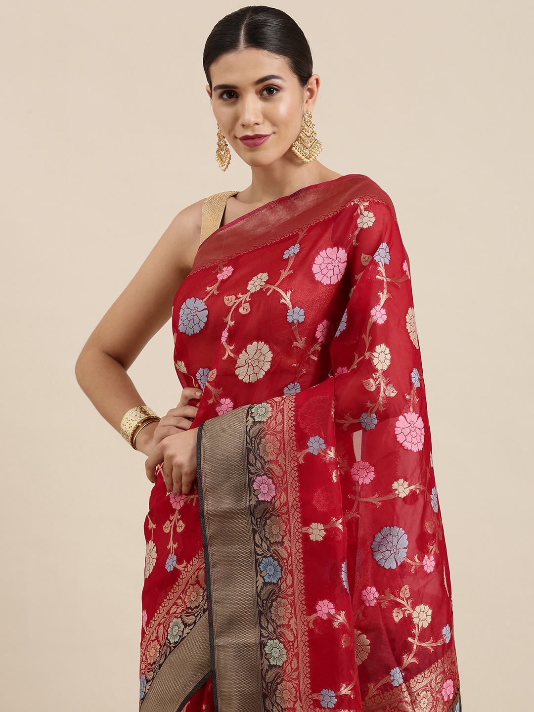 

PERFECTBLUE Red & Gold Floral Jacquard Organza Saree