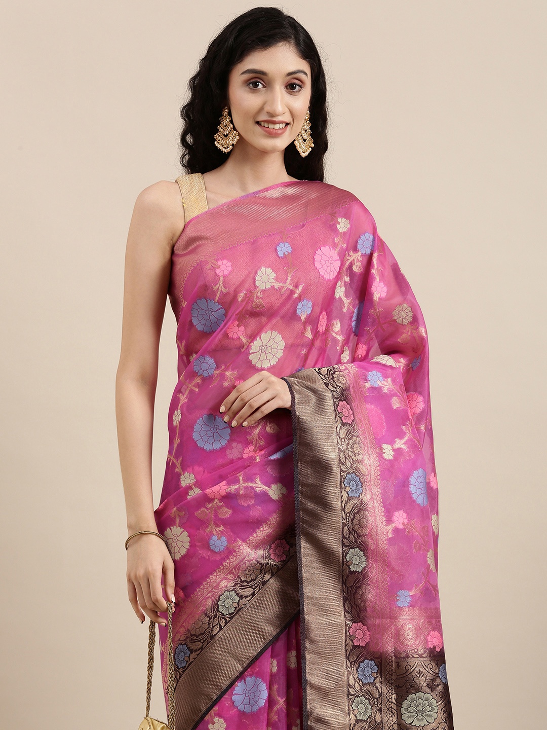 

PERFECTBLUE Pink & Gold Floral Jacquard Organza Saree