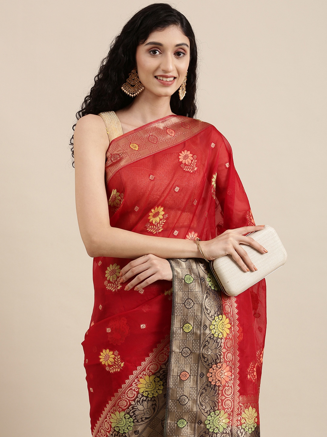 

PERFECTBLUE Red & Gold Floral Jacquard Organza Saree