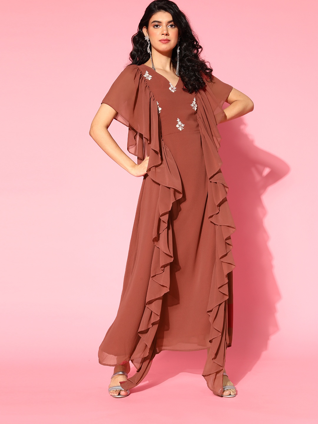 

Sangria Women Ethnic Motifs Thread And Sequinned Embroidered Ethnic Dress, Rust