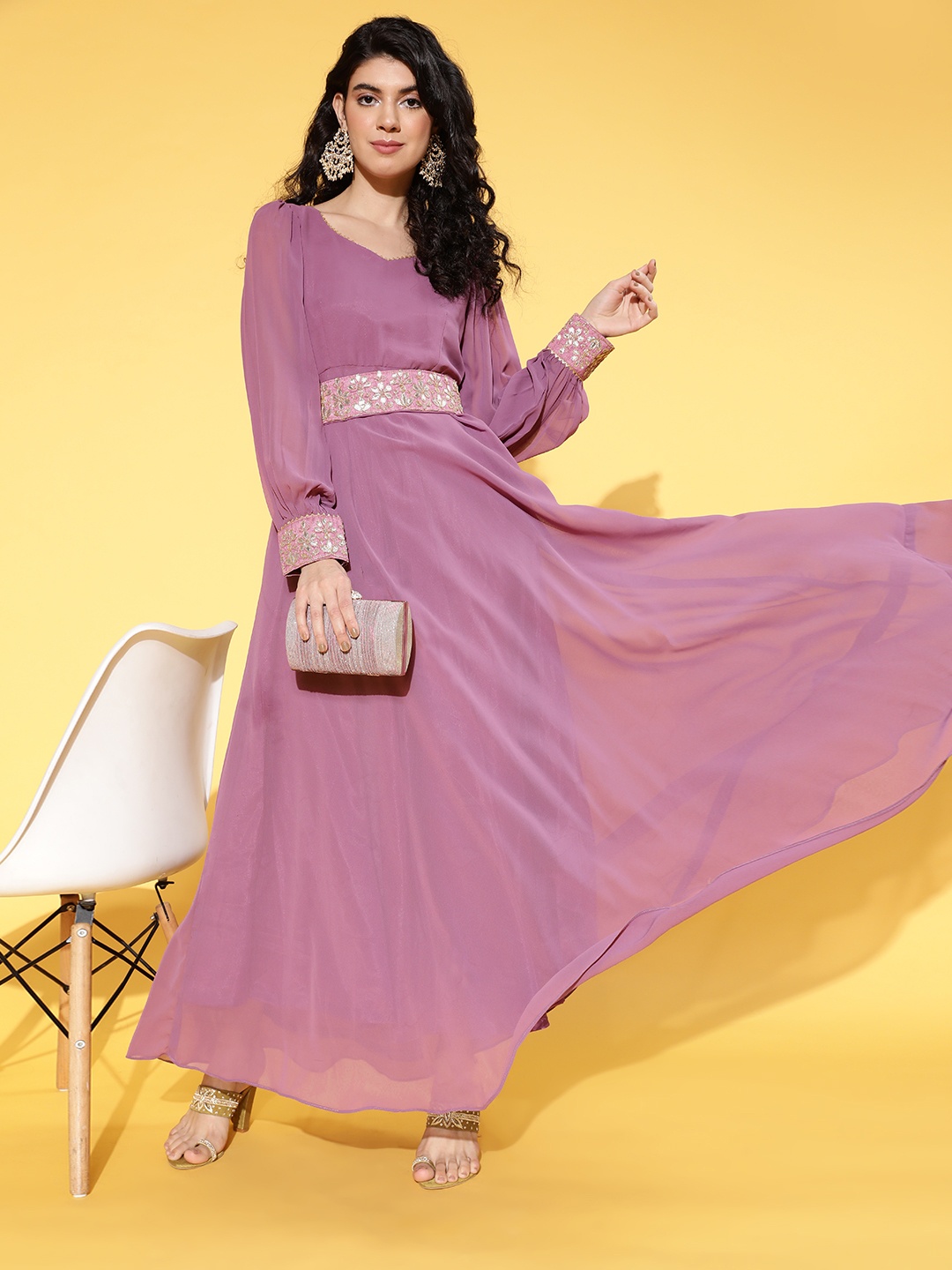 

Sangria Women Solid Ethnic Dress with Embroidered Belt, Lavender