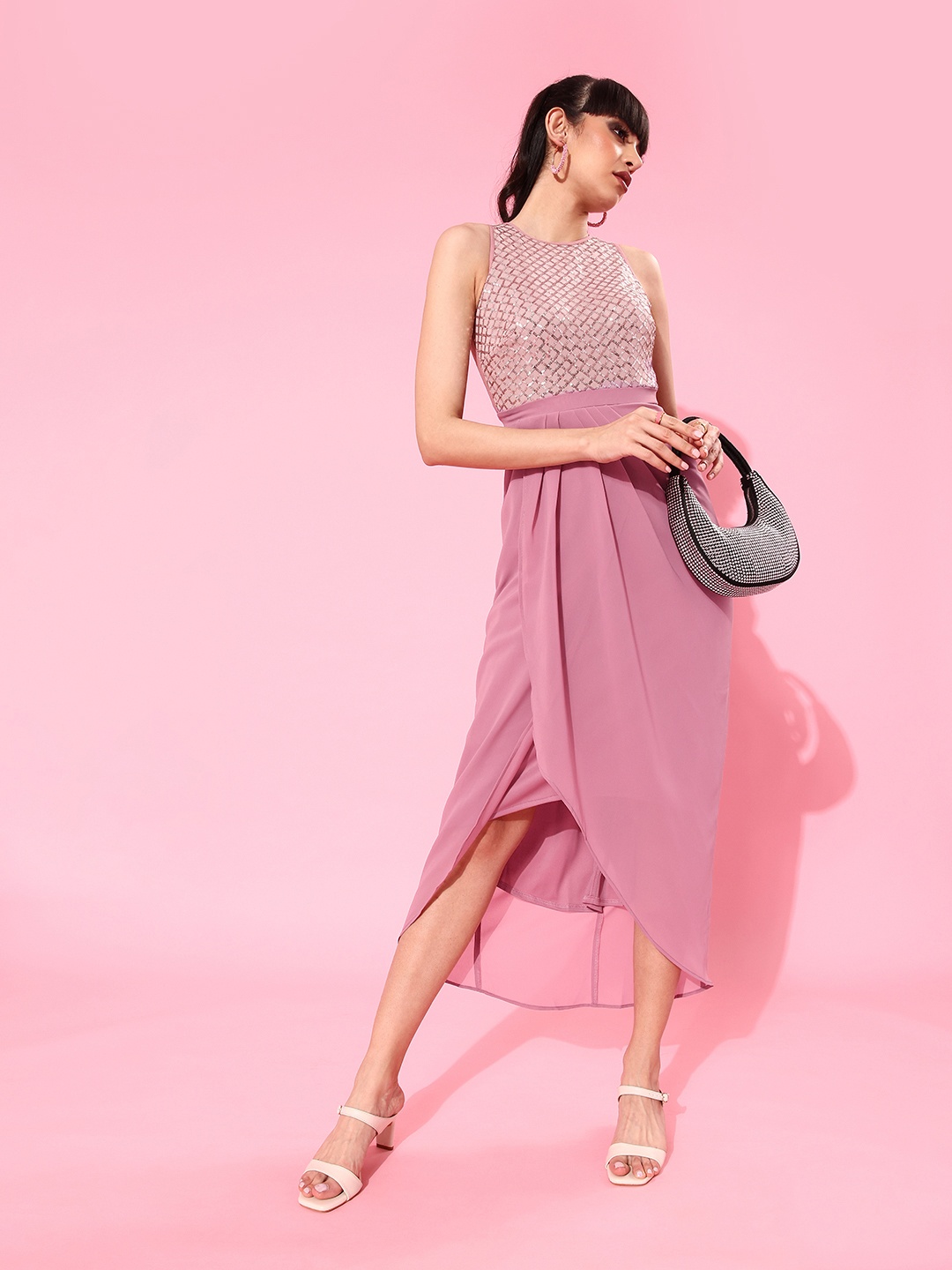 

Miss Chase Pink Sequinned Wrap Midi Dress
