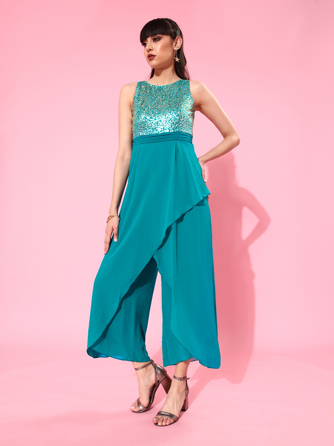 

Miss Chase Teal Blue Sequinned Basic Layered Jumpsuit