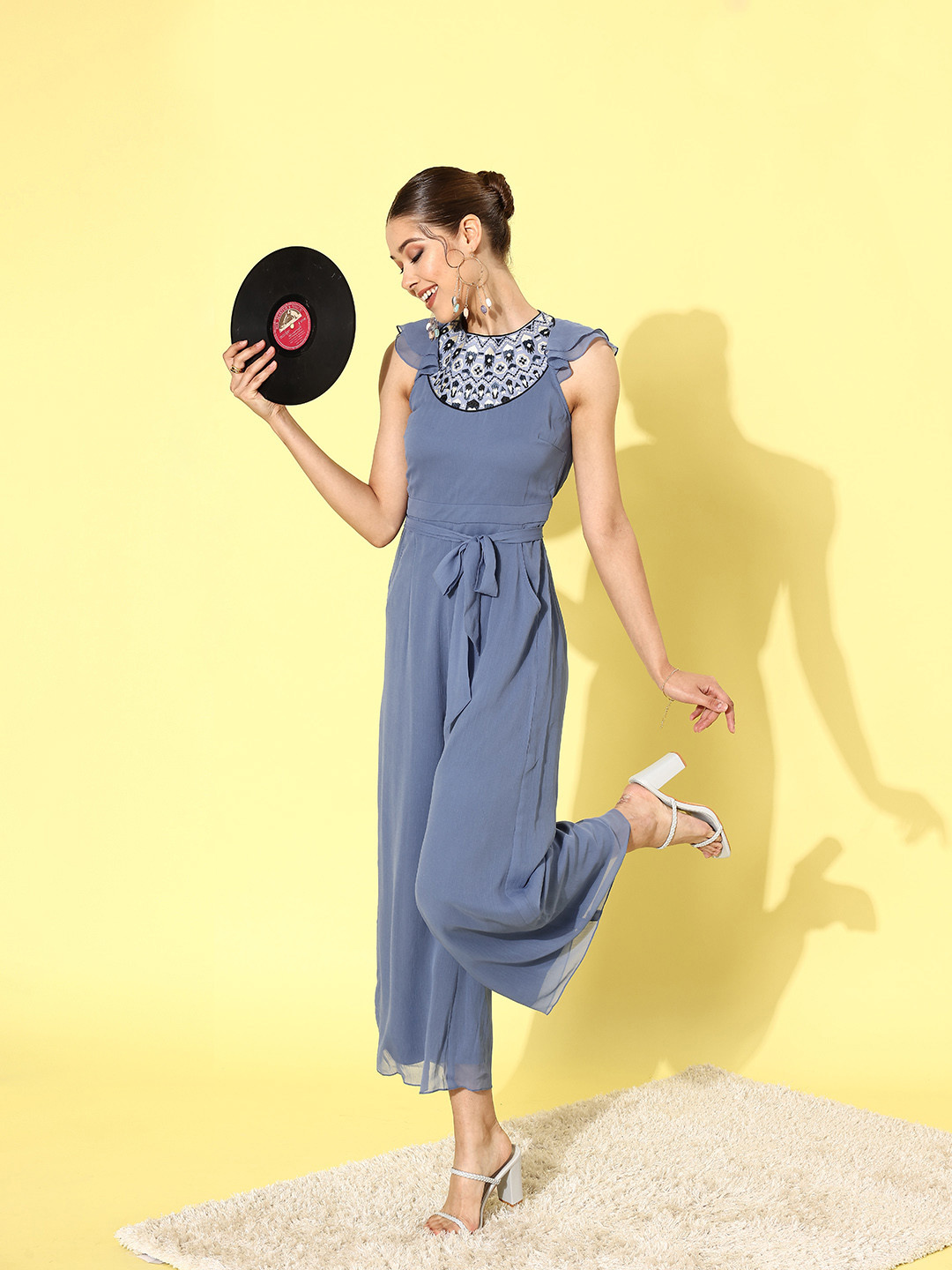 

Miss Chase Women Blue Solid Basic Jumpsuit With Embroidered Detail
