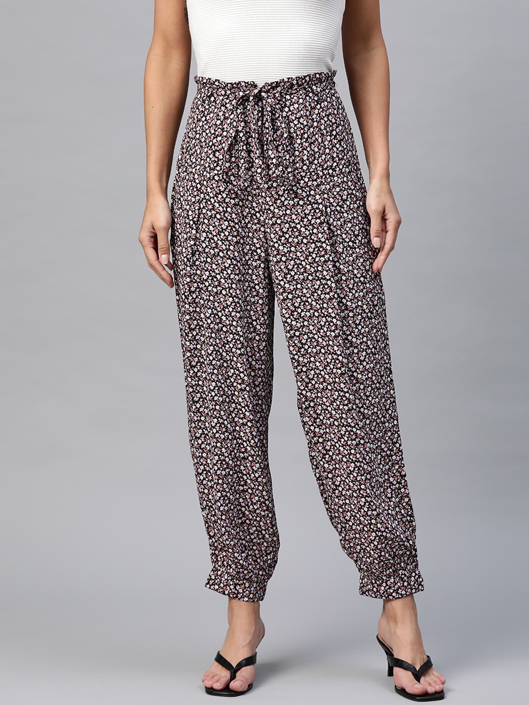 

Ayaany Women Coffee Brown & Lavender Straight Fit High-Rise Printed Harem Pants