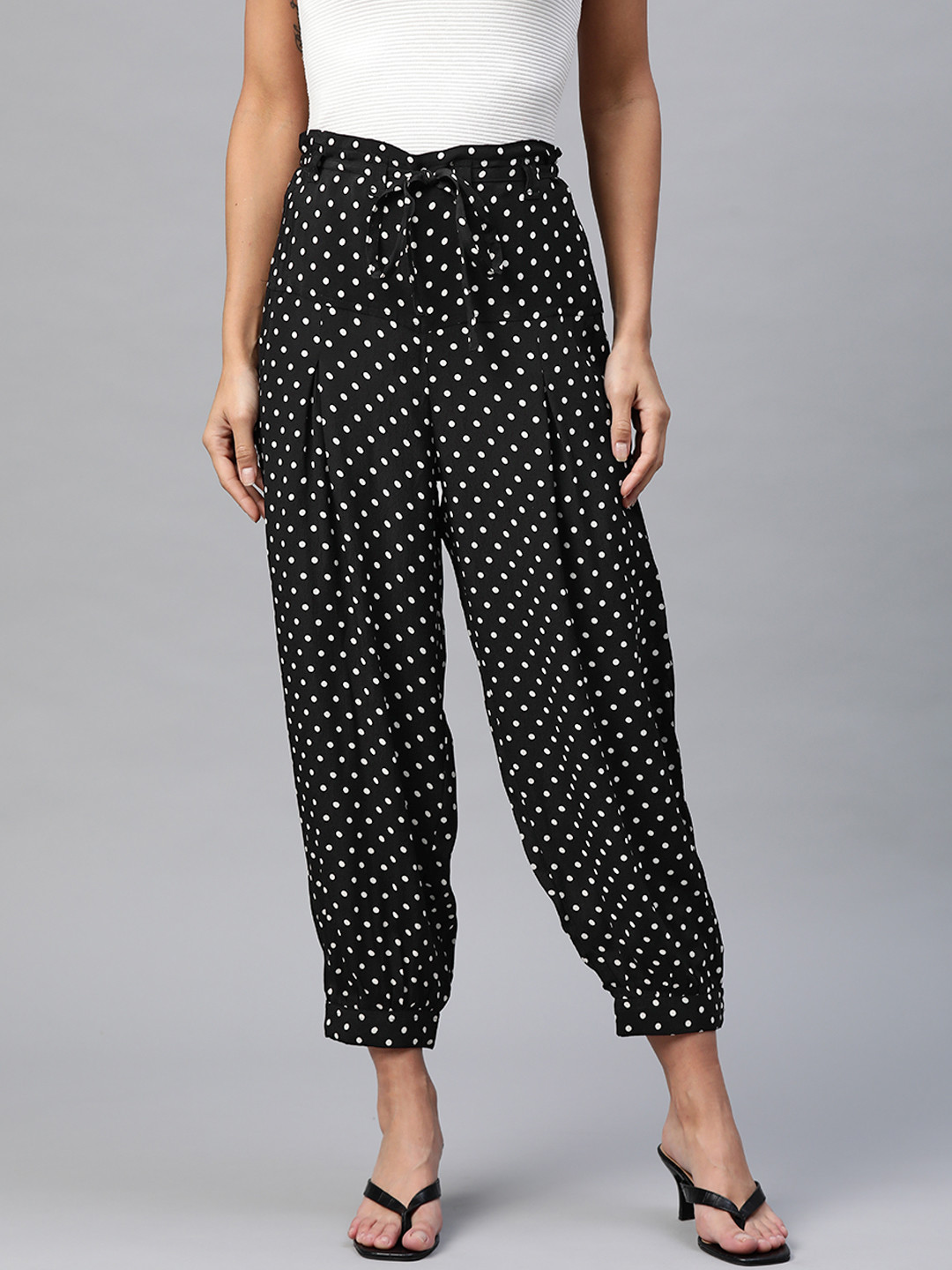 

Ayaany Women Black & White Straight Fit High-Rise Printed Harem Pants