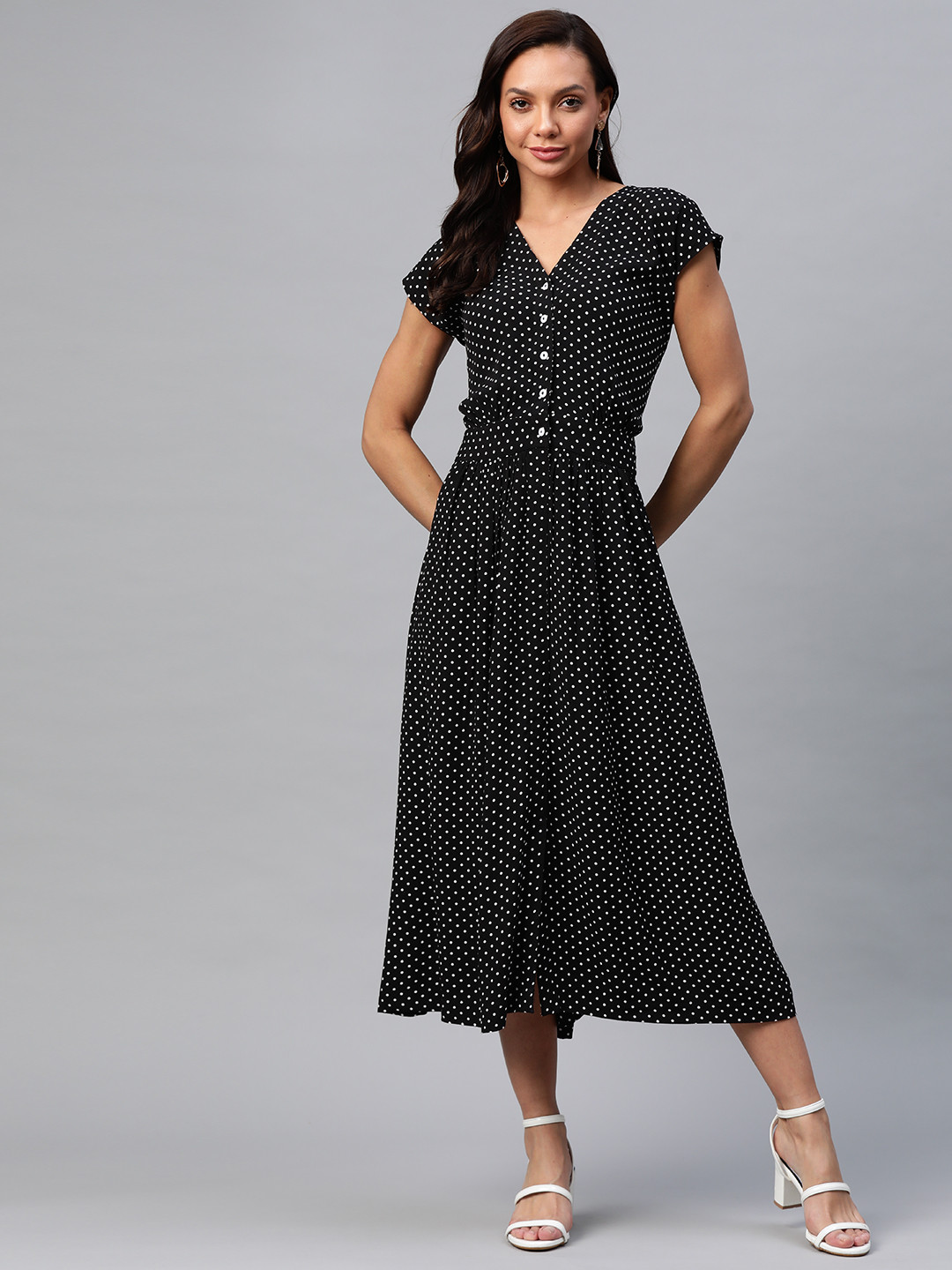 

Ayaany Black & White Pure Cotton Polka Dots Printed A-Line Midi Dress