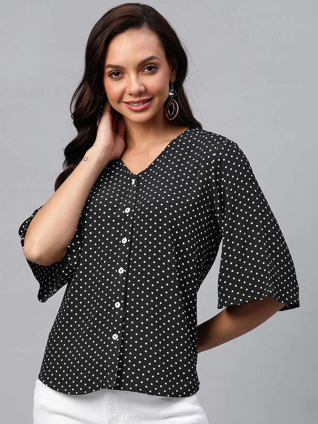 

Ayaany Black Polka Dots Printed Cotton Top