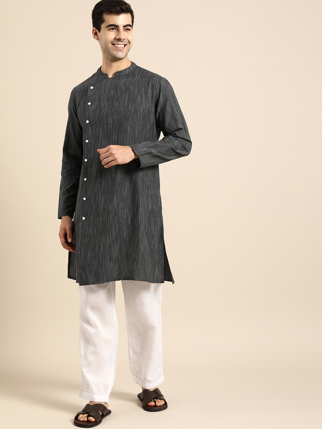 

Anouk Men Grey Striped Angrakha Pure Cotton Kurta with Pyjamas