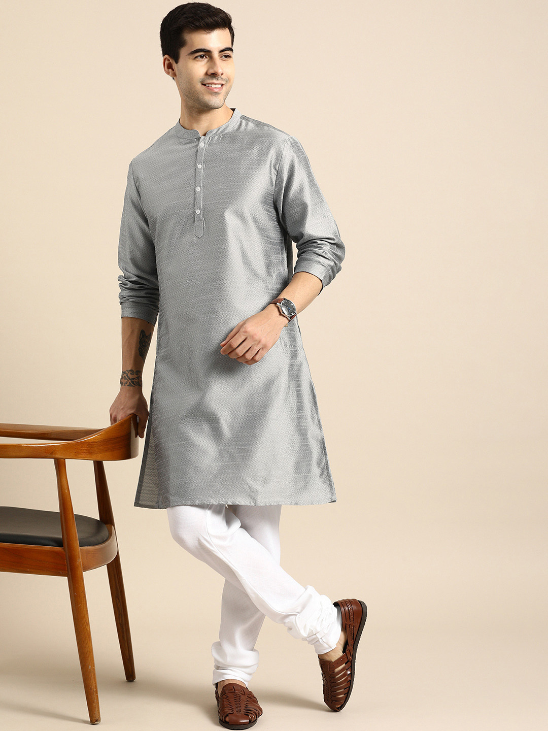 

Anouk Men Silver-Toned Woven Design Straight Kurta with Churidar
