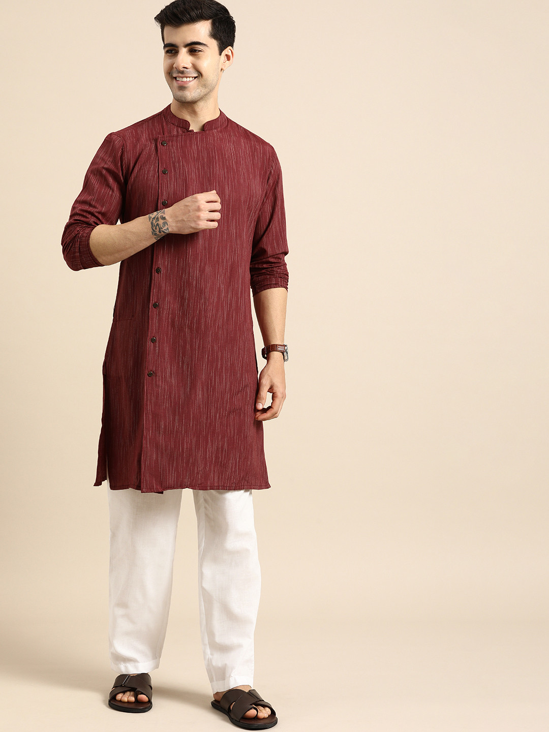 

Anouk Men Maroon Striped Angrakha Pure Cotton Straight Kurta with Pyjamas